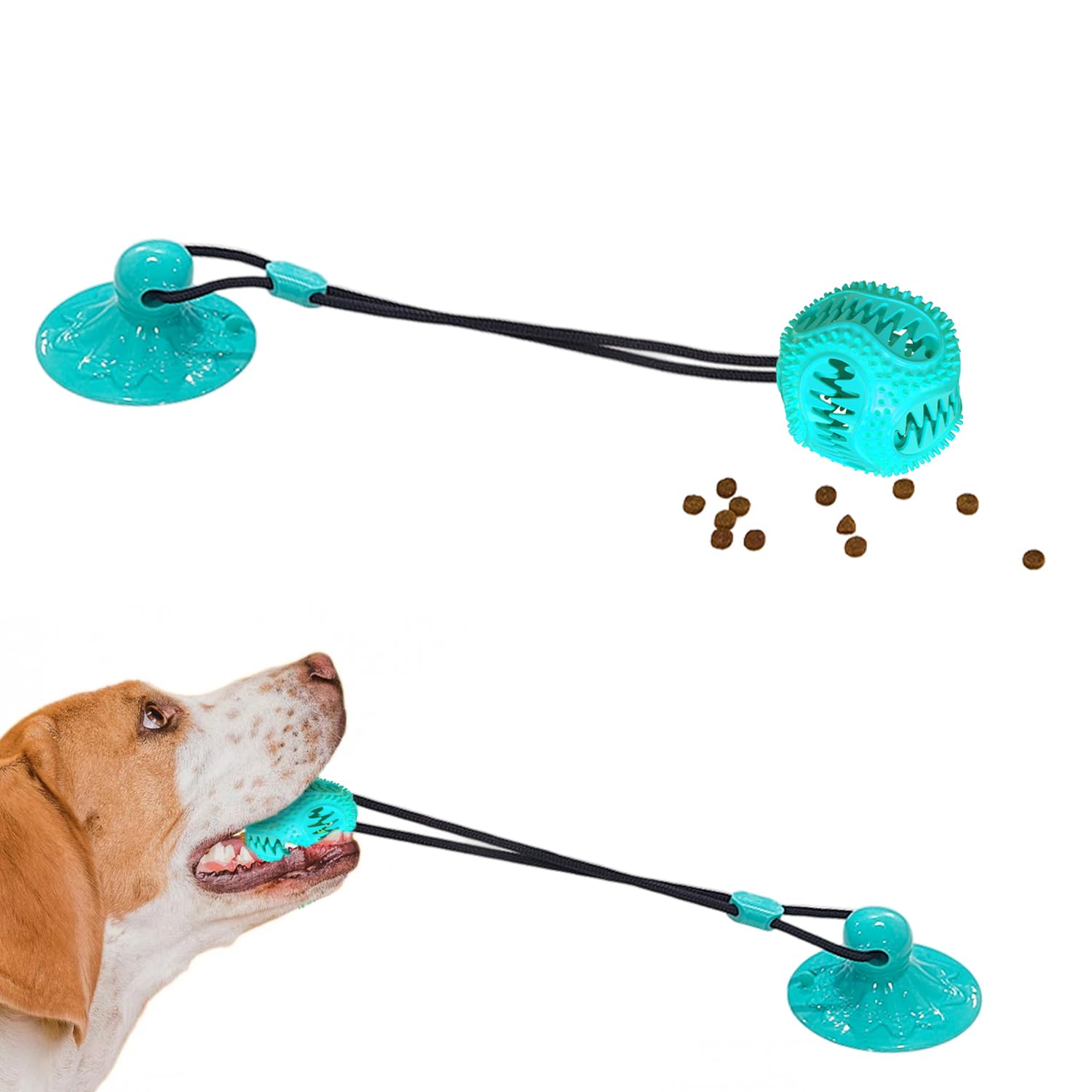 Dog Treat Food Dispensing Ball - Chew Toy with Suction Cup for Aggressive Chewers, Tug of War Toy, Stimulating Dog Activity Game