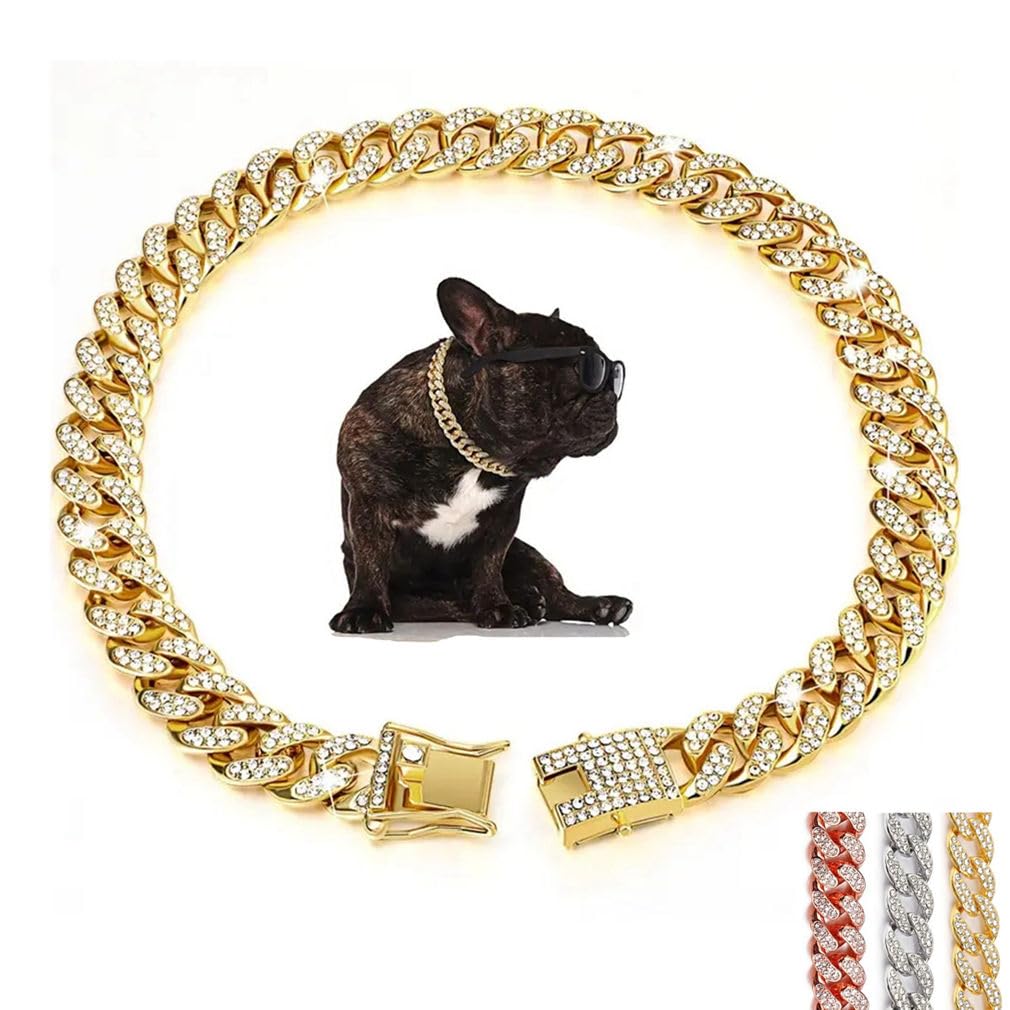 Gold Chain Dog Collar For Large Dogs, Glitter Rhinestone Sparkly Diamond Bling Jewelry Metal Cuban Link Bling Dog Necklace For S