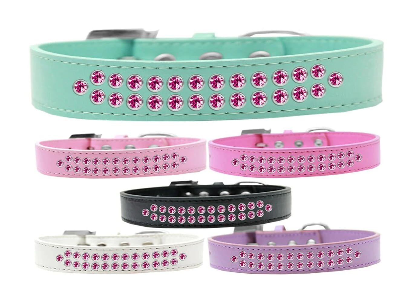 Dog, Puppy & Pet Fashion Collar, Two Row Bright Pink Crystal Rimsets Light Pink 12