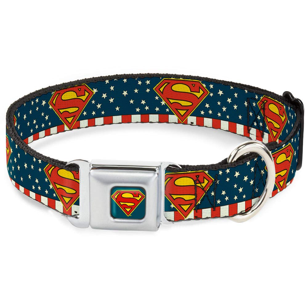 Buckle-Down Seatbelt Buckle Dog Collar - Superman Shield Americana Red/White/Blue/Yellow - 1.5 Wide - Fits 18-32 Neck - Larg