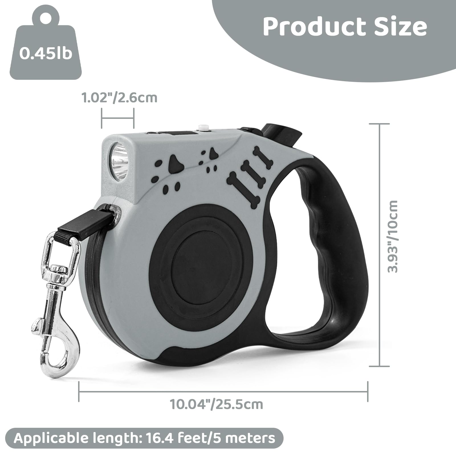 COSOWO Retractable Dog Leash 16FT with USB Rechargeable Flashlight, Grey - Ideal for Small to Medium Dogs