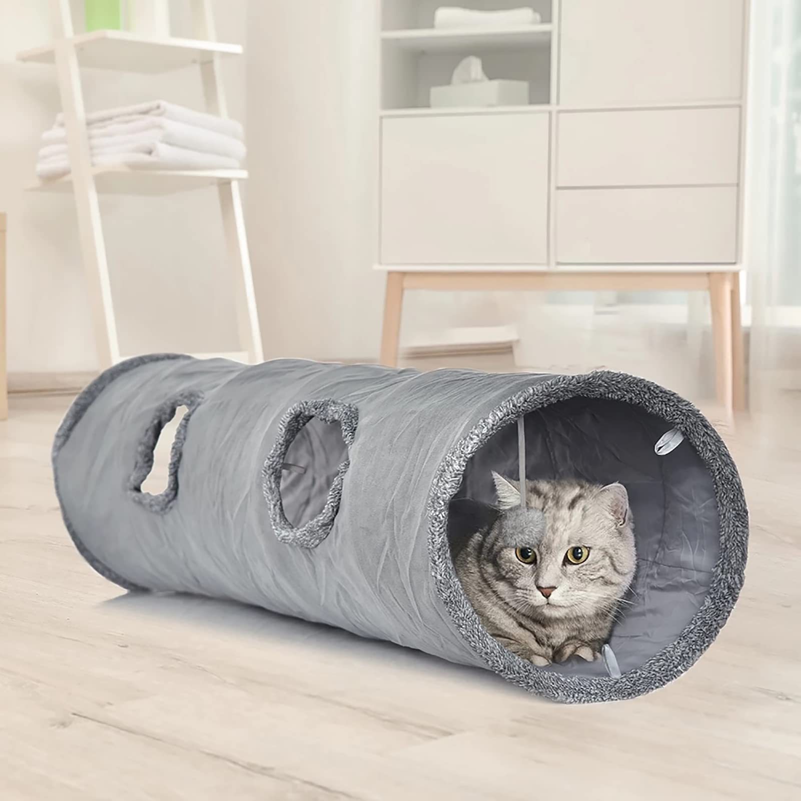 Leerking Extra Long Cat Tunnel 51'(L) Dia 12' For Large Fat Cat Crinkle Tube Connectable Indoor Outdoor Hideaway Toy For Rabbit Puppy, Grey