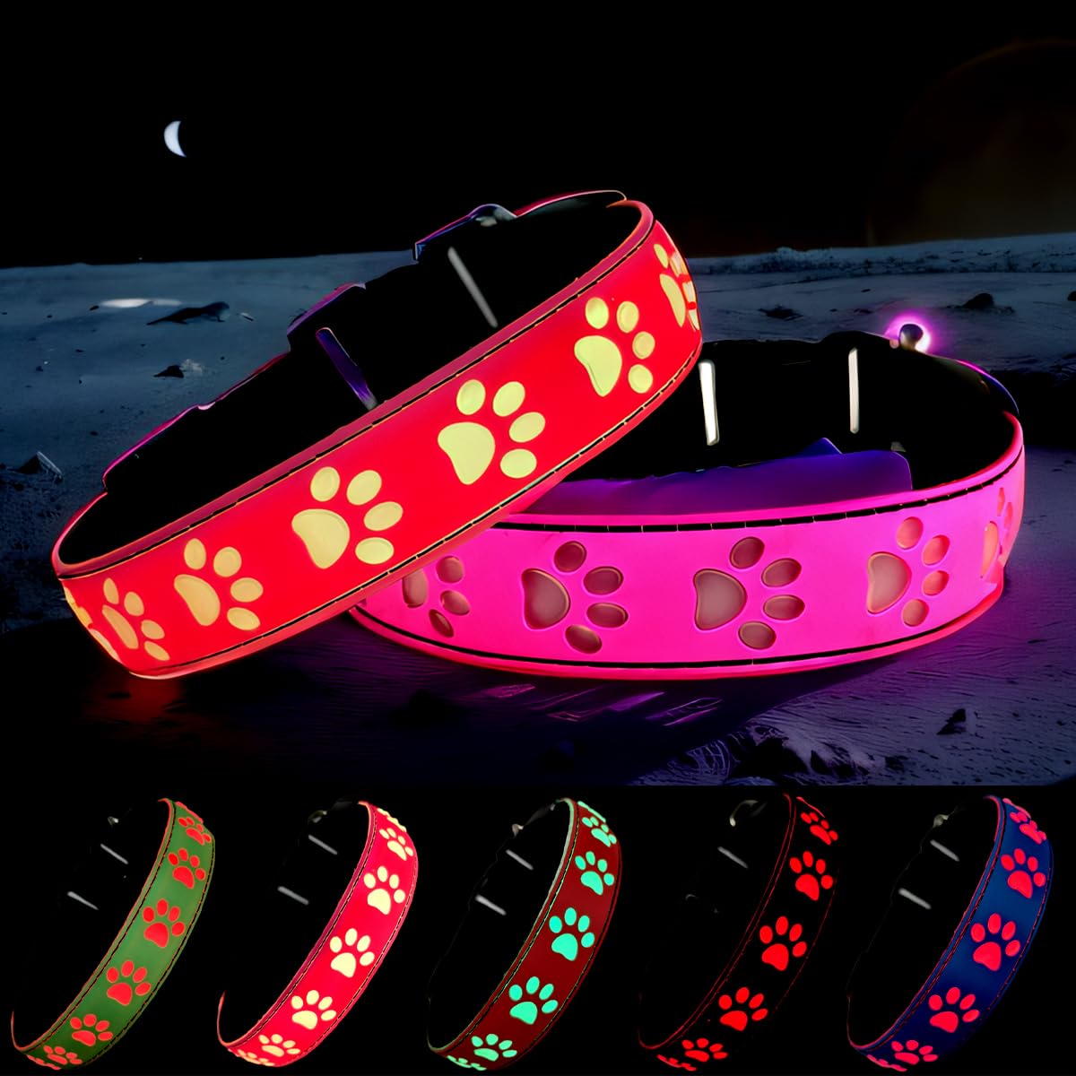 Dogled Led Light Up Dog Collar, Usb-C Rechargeable, Multicolor Paw Print Design, 15 Modes Lighting Night Safety (Pink, S(7.87-11