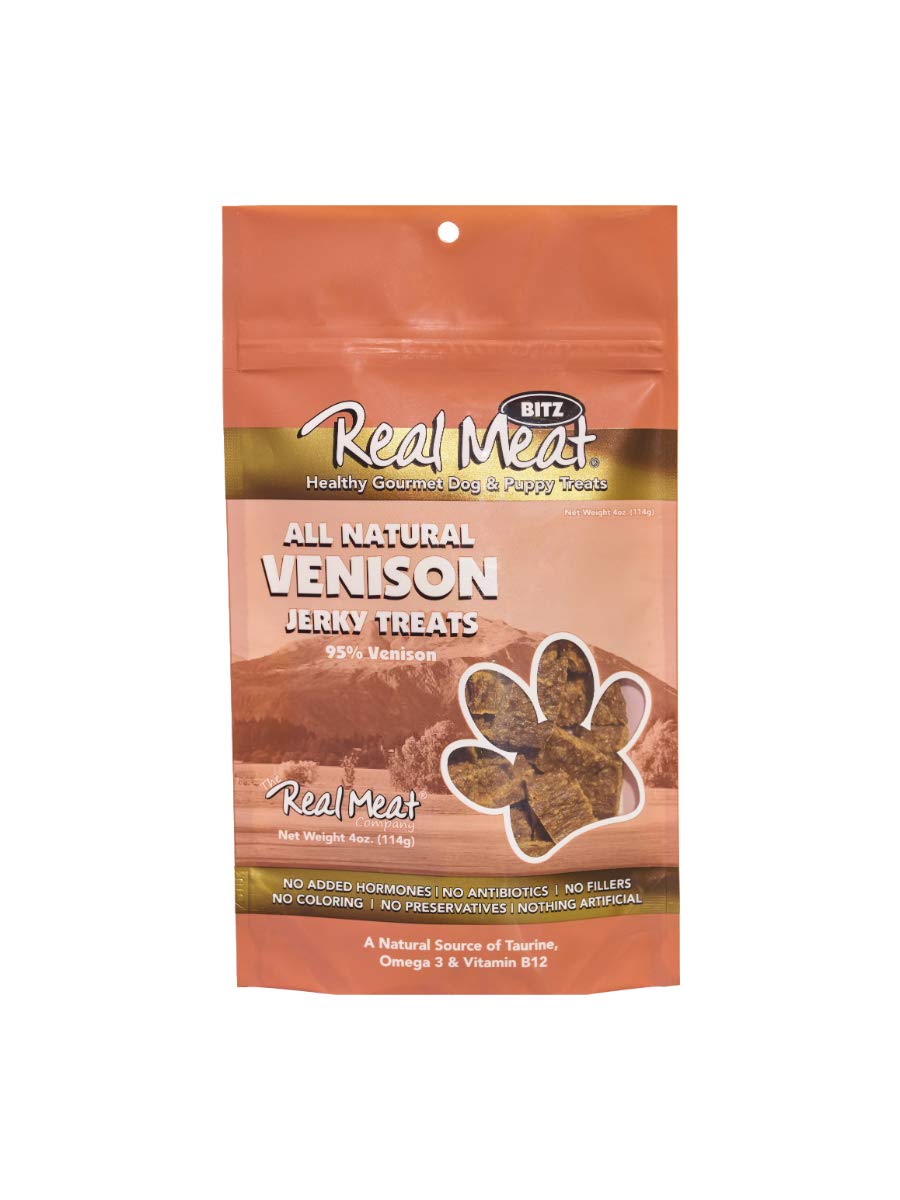 Real Meat Dog Treats - 4oz Bag of Bite-Sized Air-Dried Venison Jerky for Dogs - Grain-Free Jerky Treats Made up of 95% Free-Rang