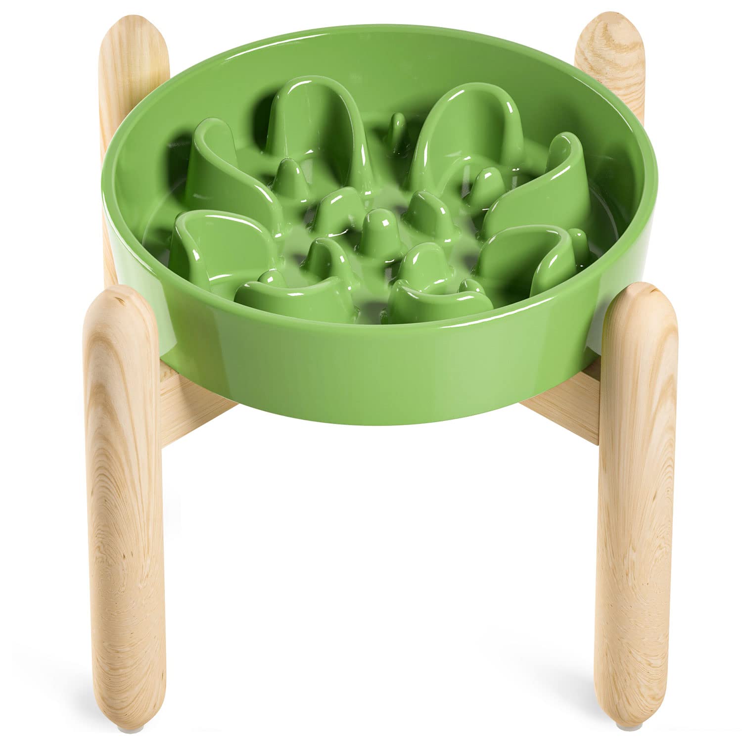 LE TAUCI Ceramic Slow Feeder Dog Bowls Elevated for Small and Medium Breed, Dog Bowls with Wooden Stand, 1.5 Cups Pet Dishes to 
