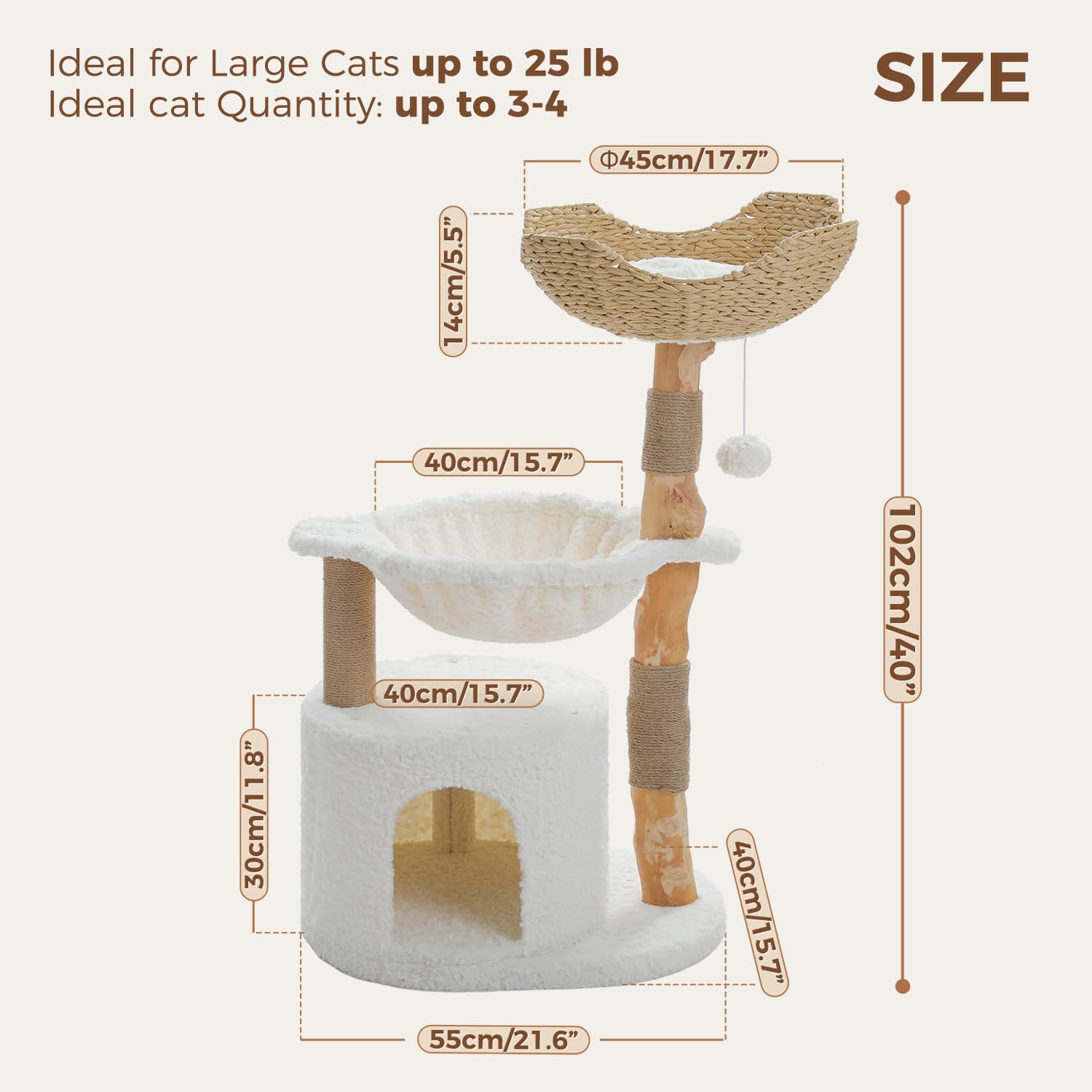 Pawz Road Modern Cat Tree With Natural Solid Wood Scratching Post, 40 Inches Cat Tower With Spacious Wicker Basket,Large Hammock