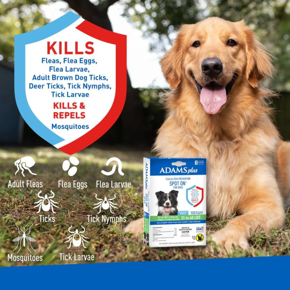 Adams Plus Flea & Tick Prevention Spot On for Dogs 5-14 Pounds, 3-Month Supply, Kills Fleas, Flea Eggs, Flea Larvae, Brown Dog &