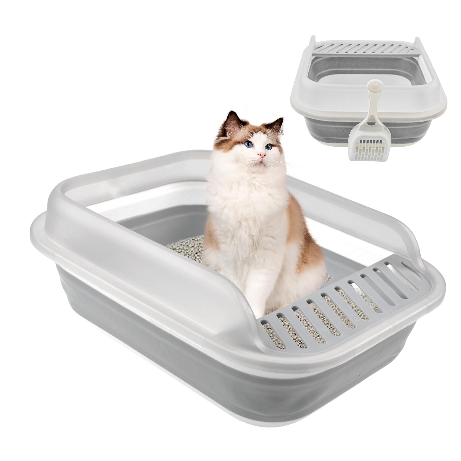 MUYG Open Cat Bedpan with Spoon,Shallow Splash Proof Travel Litter Box with Sand Drop Pedal High Side Low Entrance Cat Toilet Se