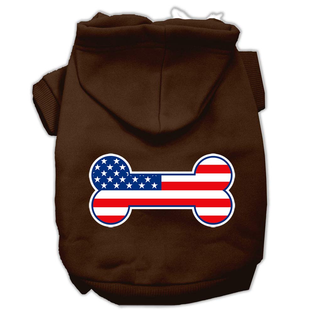 Pet Dog & Cat Hoodie Screen Printed, 'Bone Shaped American Flag' Brown Xs (0-3 Lbs.)