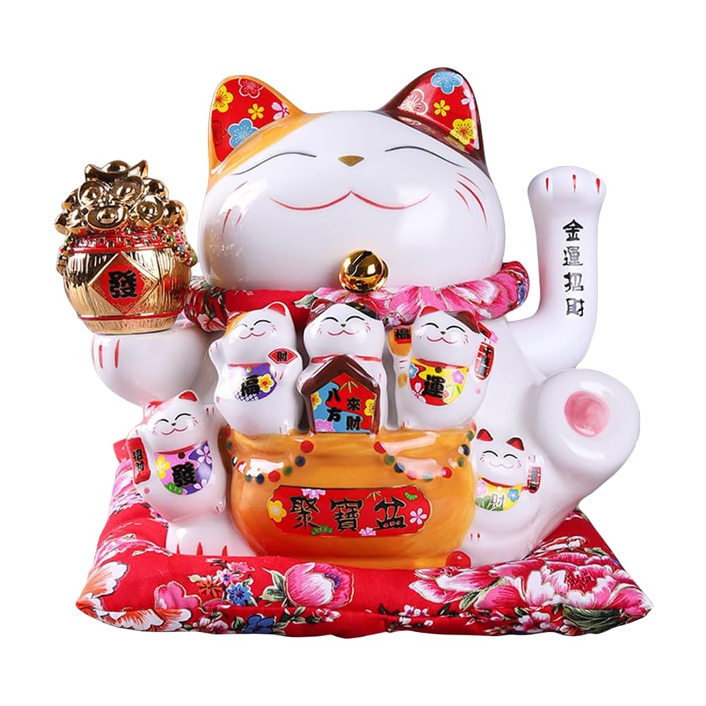 Tongman 7Inch Fortune Cat Japanese Beckoning Cat Ceramic Waving Arm Cat For Shops, Restaurants, Living Room And Home Decoration