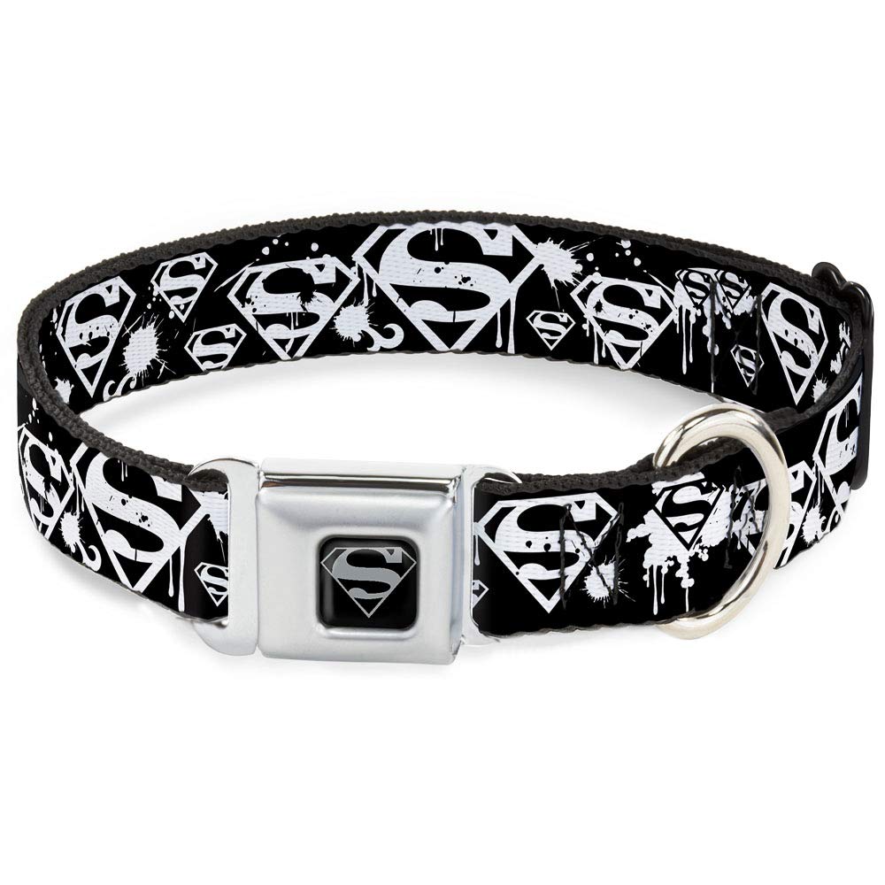 Buckle-Down Seatbelt Buckle Dog Collar - Superman Shield Splatter Black/White - 1.5' Wide - Fits 18-32' Neck - Large