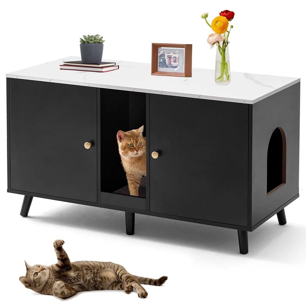 Janflyhome Litter Box Enclosure For 2 Cats, Double Hidden Cat Litter Cabinet Furniture With Scratching Pad, 42.5' End Table Tv 
