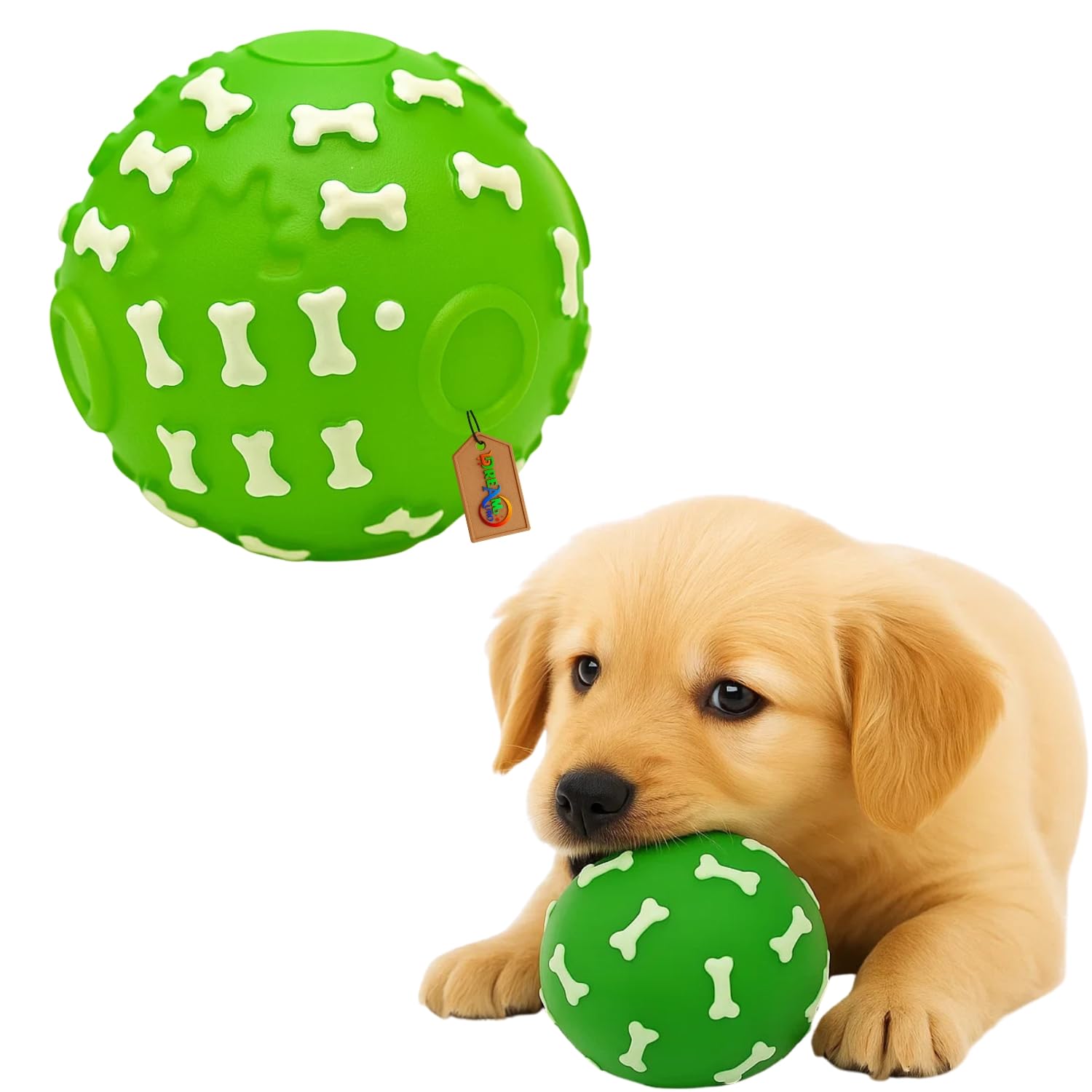 DreamAuro Bone Print Ball Squeaky Toy for Dogs & Cats | Fun Chew, Fetch & Dental Care Play Ball | Interactive Sound Toy with Non