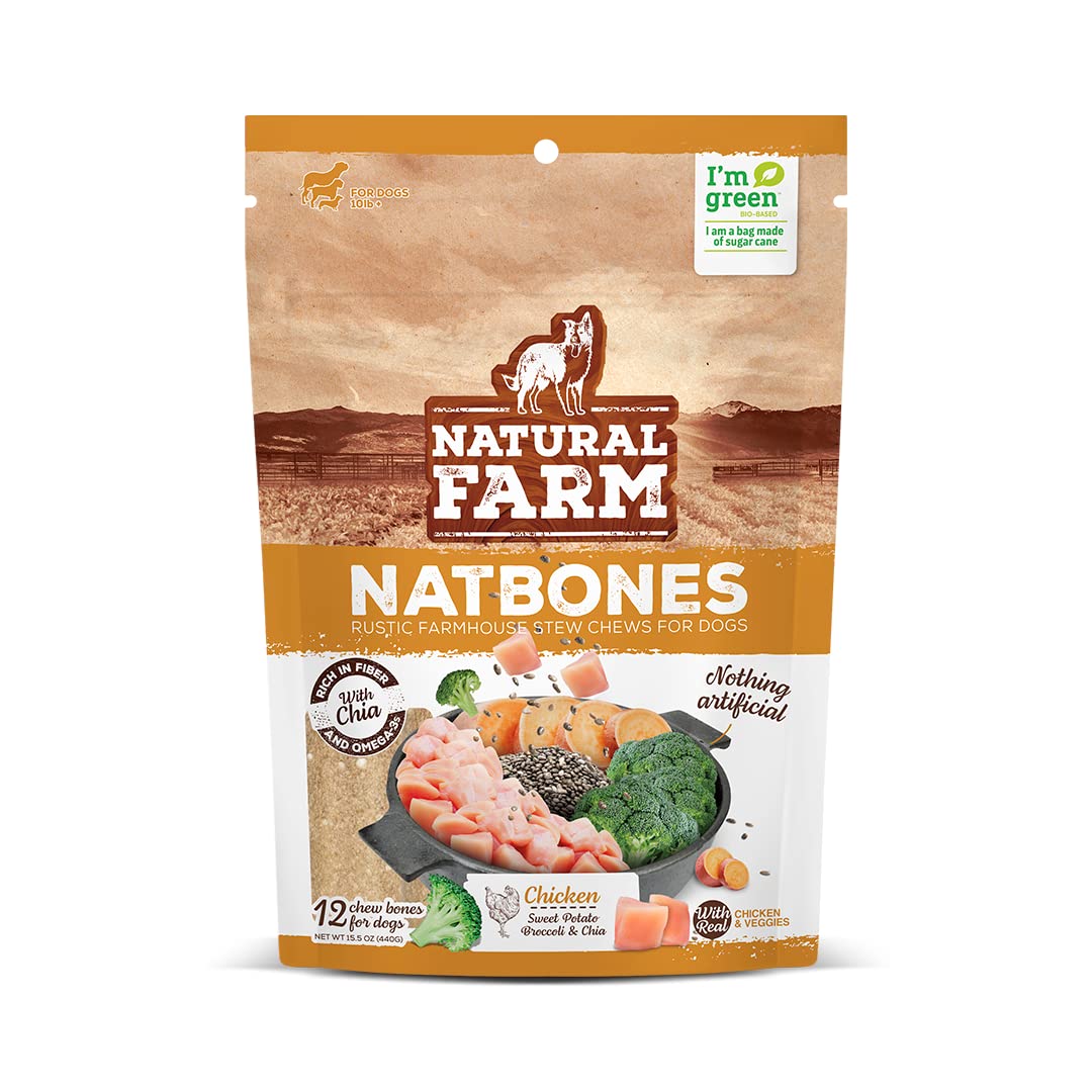 Natural Farm Natbones Superfood, All Natural Chicken Flavor Dog Treats (12 Pack) - Chewy Chicken Protein with Chia, Sweet Potato