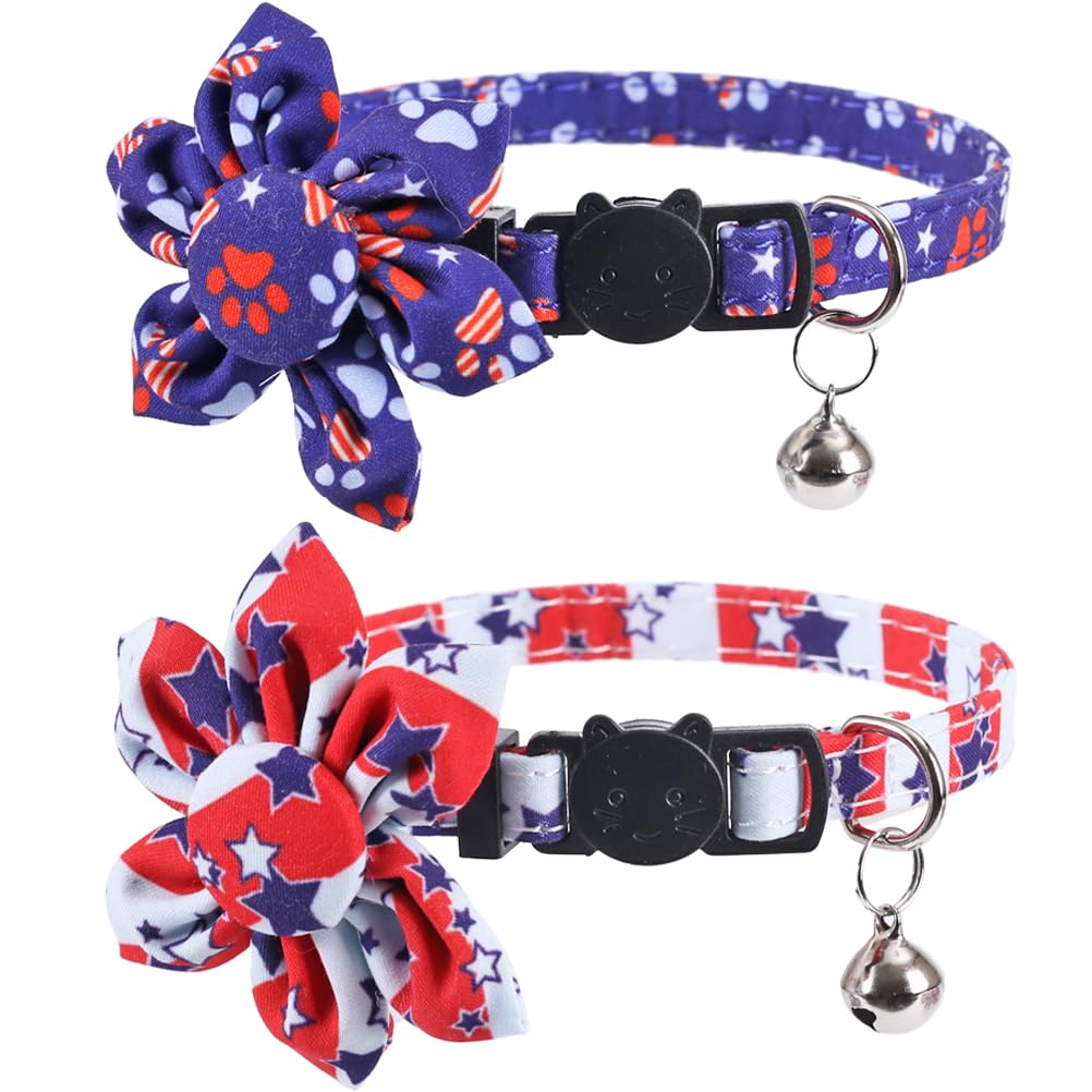 American Flag Cat Collar With Bell Sunflower Star Adjustable 4Th Of July Breakaway Kitten For Independence Day