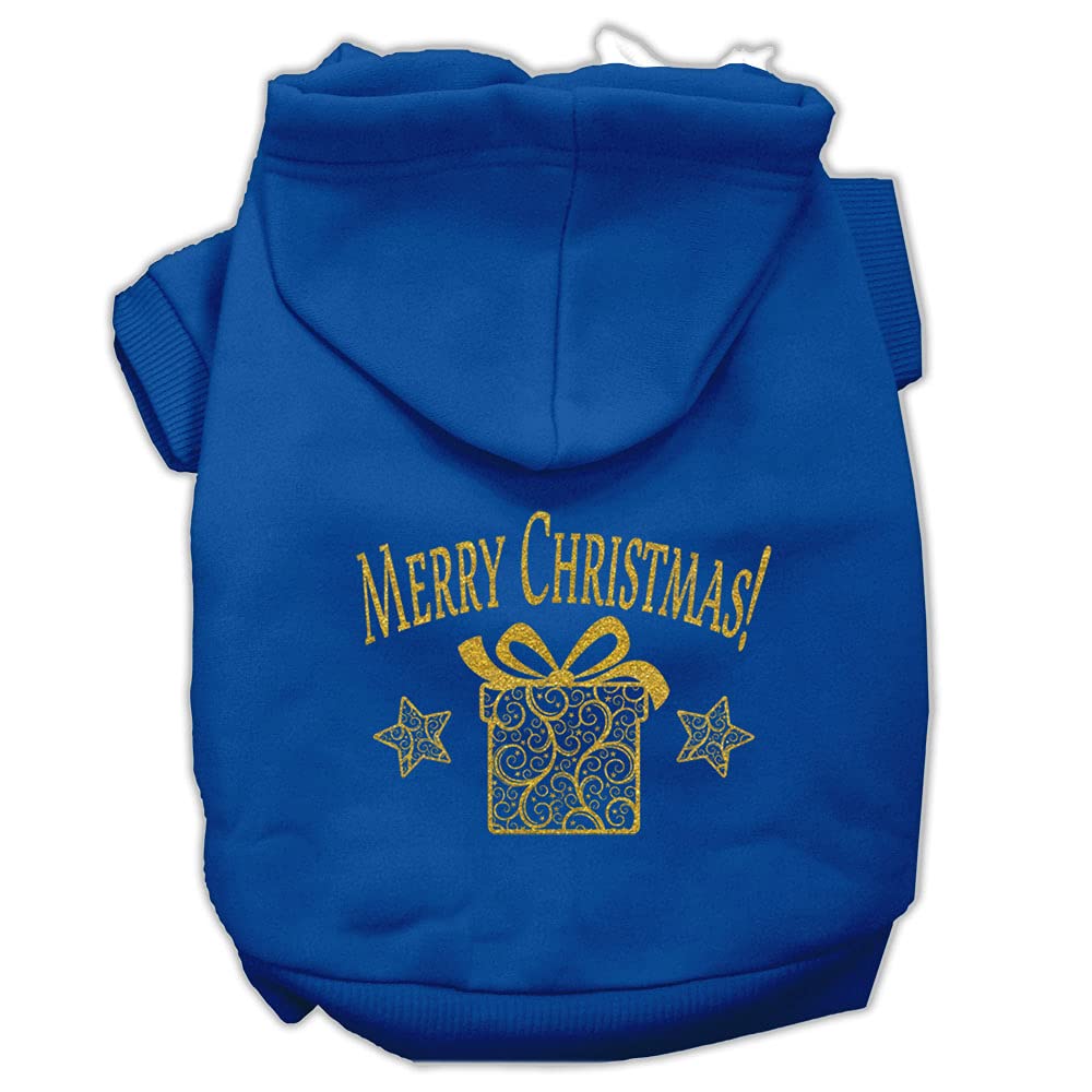 Christmas Pet Dog & Cat Hoodie Screen Printed, 'Golden Christmas Present' Blue Sm (3-6 Lbs.)