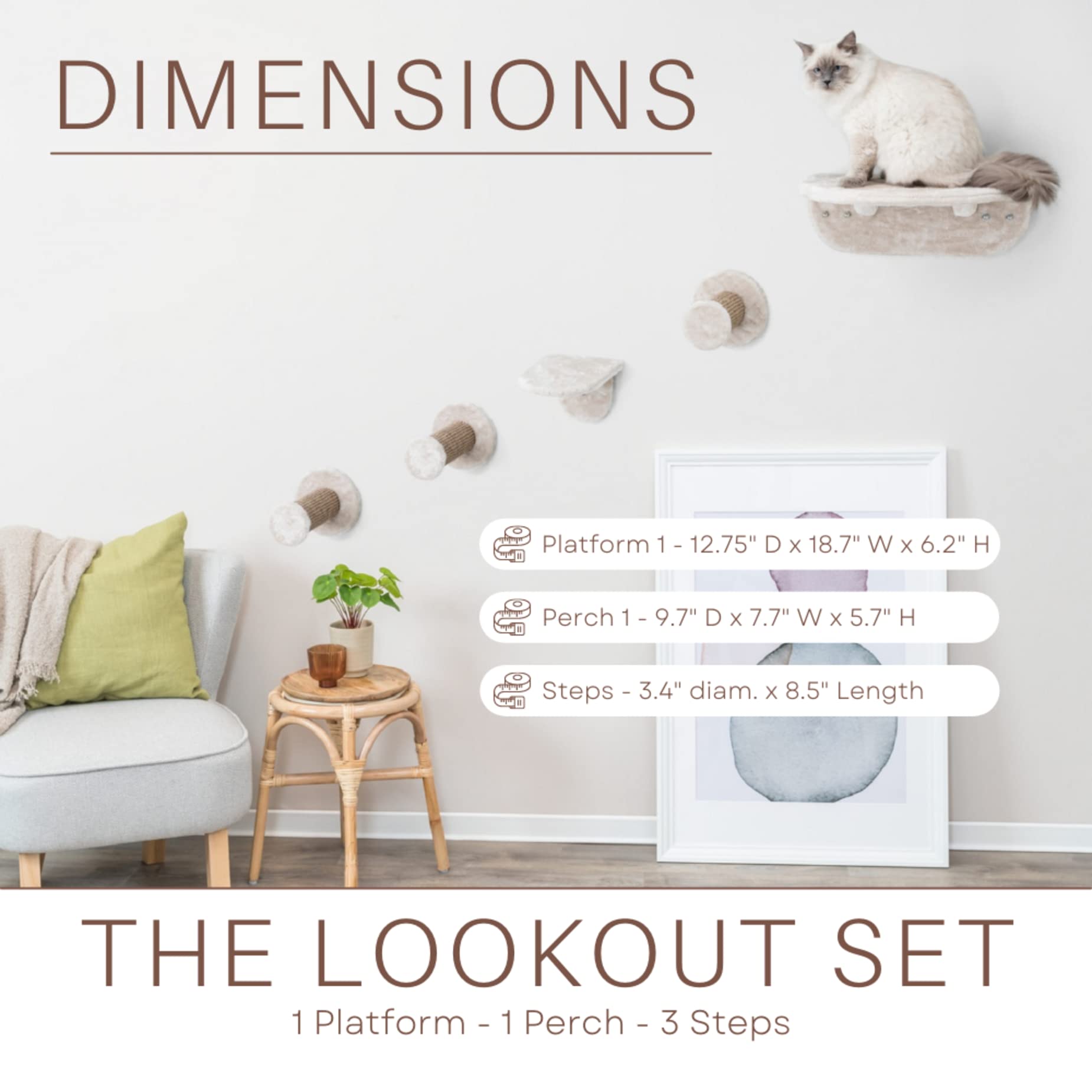Trixie Lookout Wall Mount Cat Lounge 5Pc Set, 2 Platforms And 3 Steps, Scratching Post, Brown