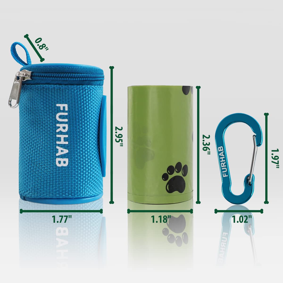 Furhab Dog Poop Bag Holder For Leash Doggie Waste Bag Dispenser Soft Fabric Puppy Potty Carrier Small Doggy Zipper Pouch With Carabiner Clip 1680D Nylon Oxford With 1 Roll Of Pet Trash Bags, Sky Blue