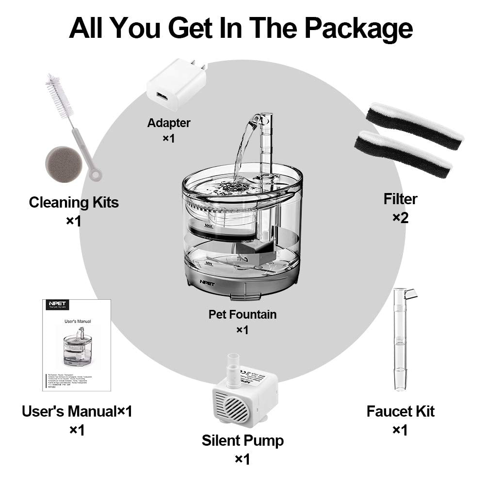 NPET WF050 Cat Water Fountain & Dog Dispenser, 1.5L Ultra Quiet Automatic Pet Drinking Fountain with Faucet Kit - Wf050 (with Adapter)