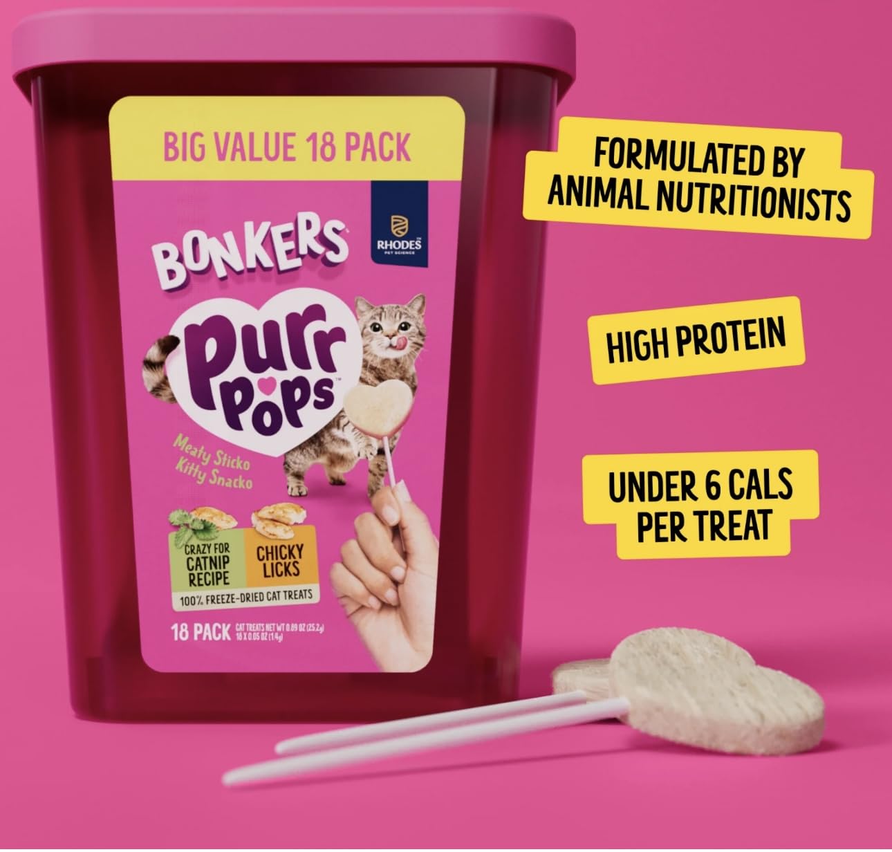 Bonkers Purrpops Freeze-Dried Cat Treats, Catnip and Chicken Flavors, 18 Count Value Pack