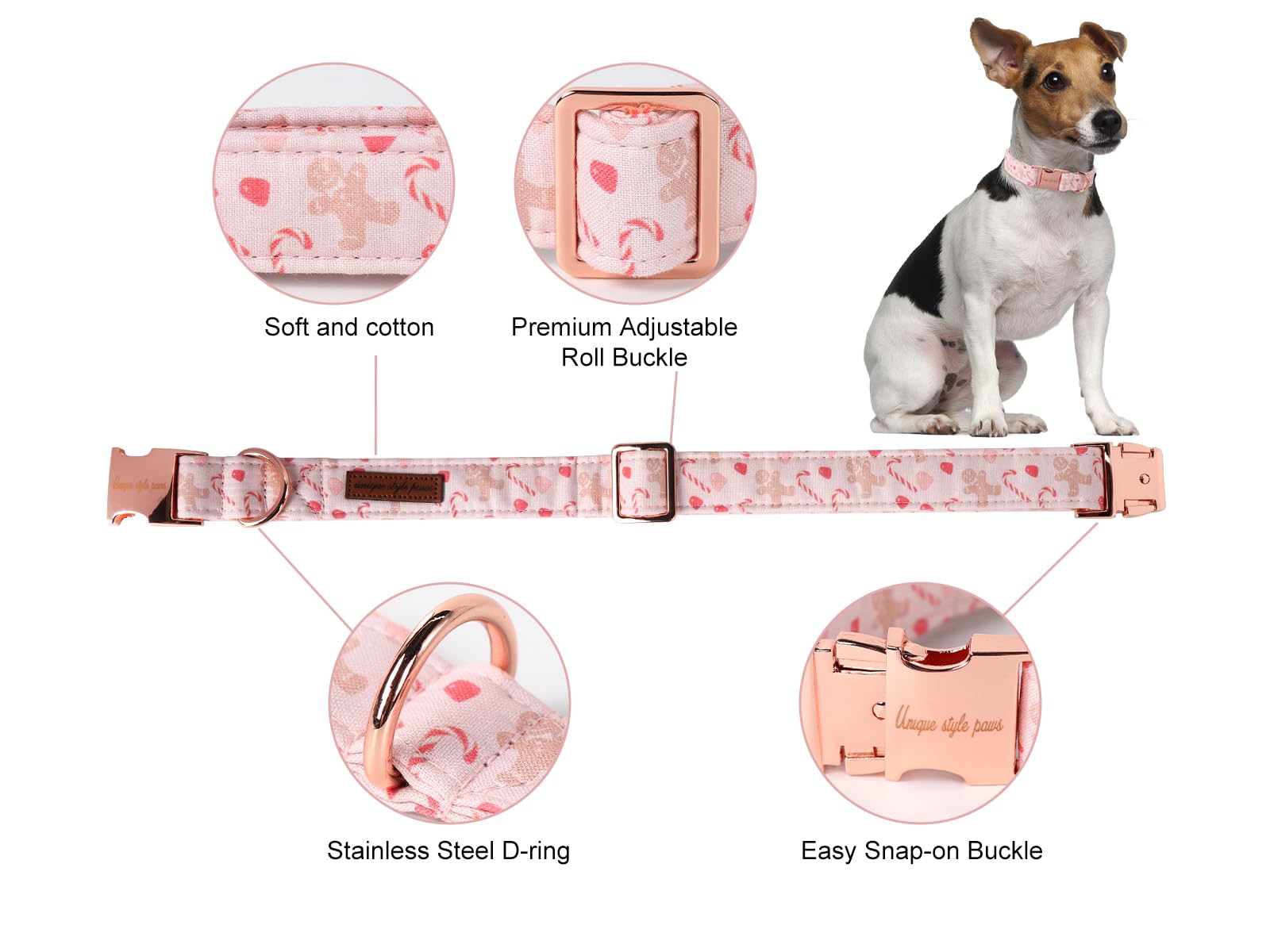 Unique Style Paws Christmas Dog Collar Metal Buckle Pink Gingerbread Puppy Collar Gift Durable Cute Collar For Small Medium Large Boys Girls Dogs