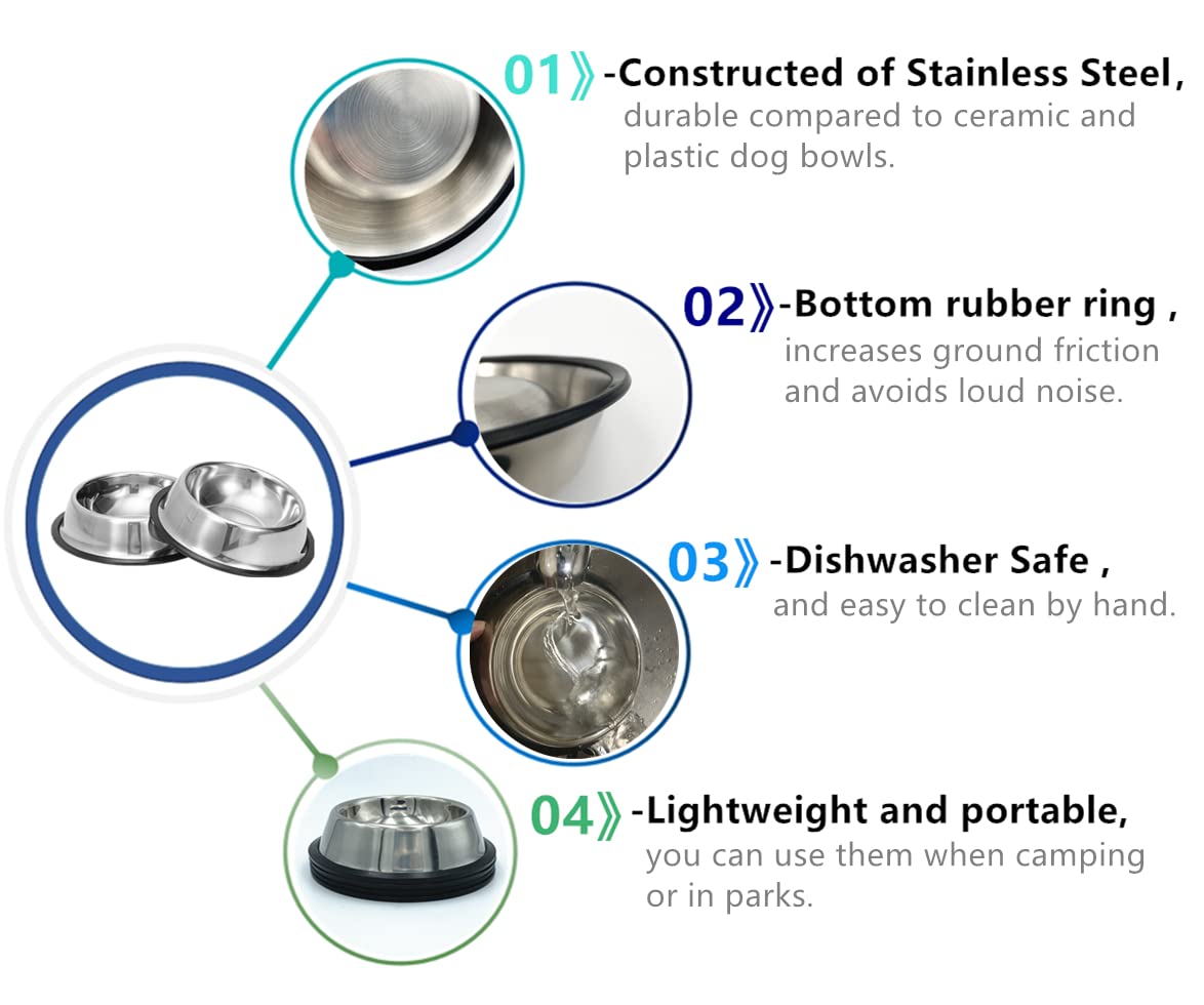 Mutsutaz 2 Pack Stainless Steel Dog Bowls with Rubber Bottom, Non Skid Non Spill Heavy Duty Premium Quality Pets Feeder Bowls fo