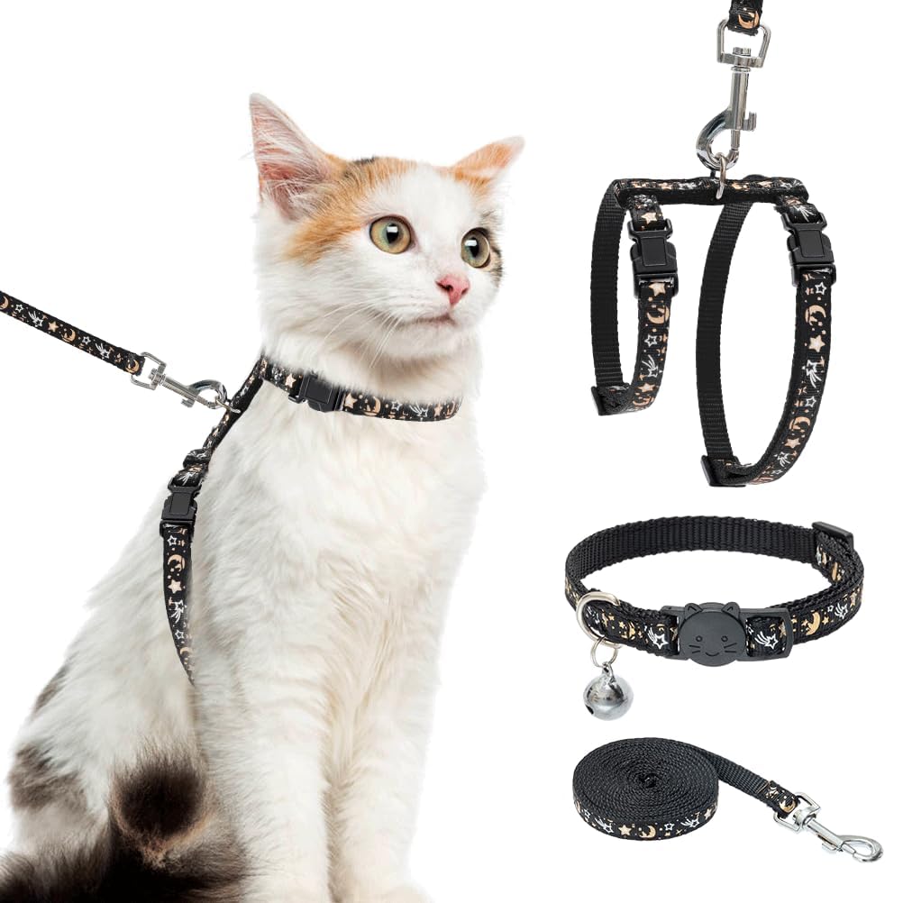 Pawchie Cat Harness With Leash And Collar Set - Escape Proof Adjustable H-Shped Cat Harness With Star And Moon Pattern Glow In T