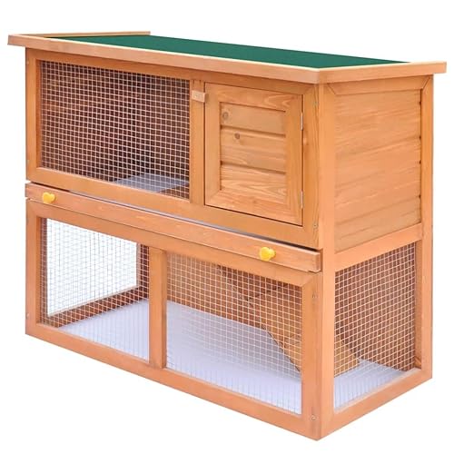 vidaXL Spacious Wooden Rabbit Hutch with Weatherproof Roof, Iron Wire Grid, Safety Lock, and Easy to Clean Pull-Out Tray - Ideal Outdoor Pet Cage for Small Animals - Brown Brass