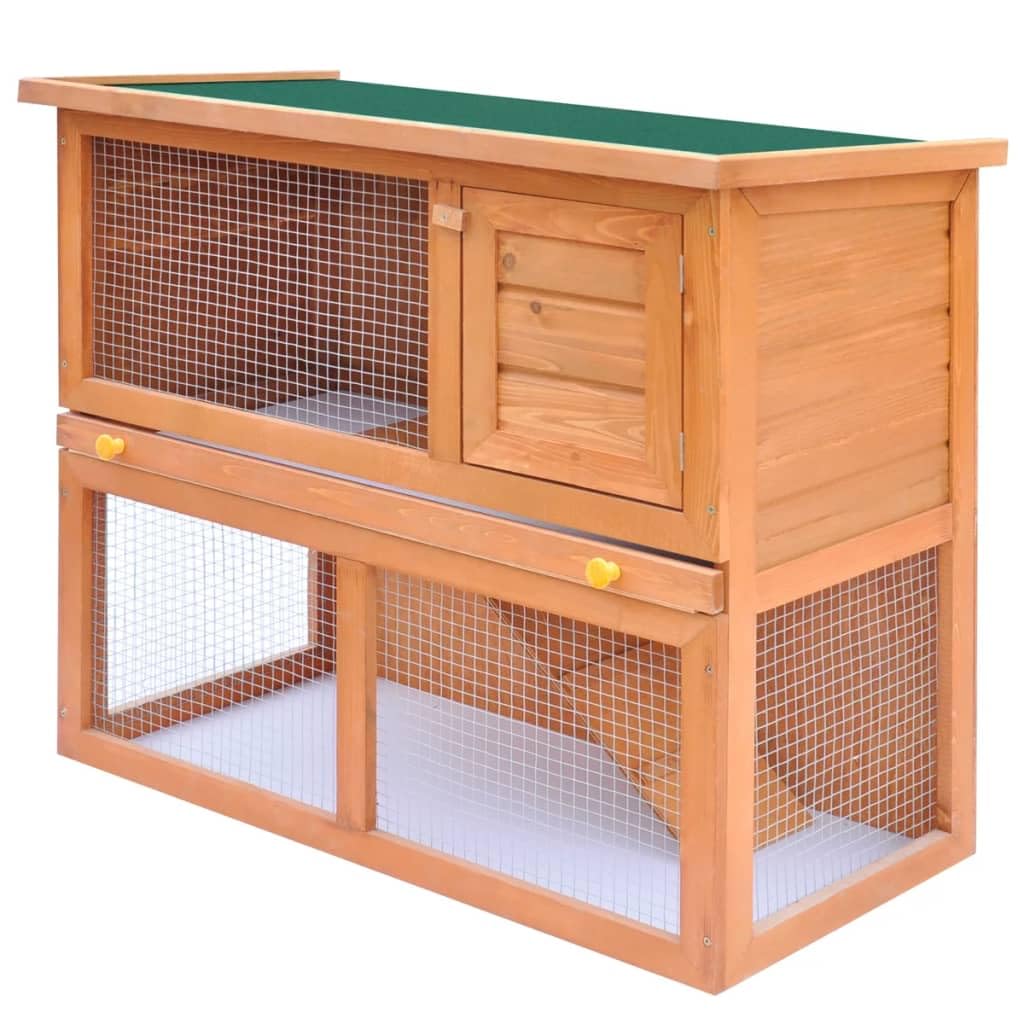 vidaXL Spacious Wooden Rabbit Hutch with Weatherproof Roof, Iron Wire Grid, Safety Lock, and Easy to Clean Pull-Out Tray - Ideal Outdoor Pet Cage for Small Animals - Brown Brass