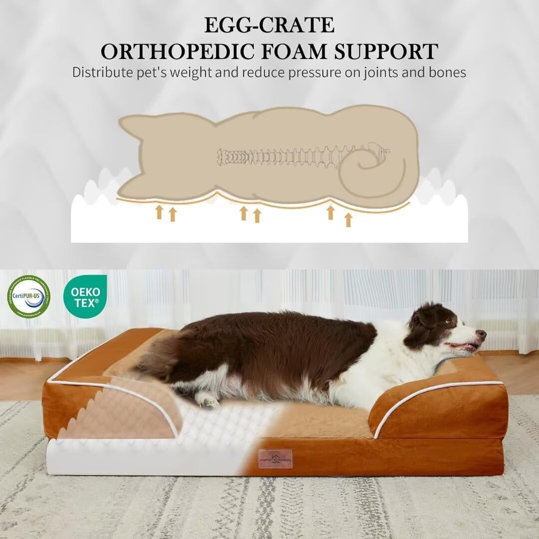 Comfort Expression Xl Dog Beds, Waterproof Dog Bed With Bolster, Extra Large Dog Beds Orthopedic, Washable Dog Bed Sofa Pet Bed With Removable Cover & Non-Slip Bottom(X-Large,Caramel)