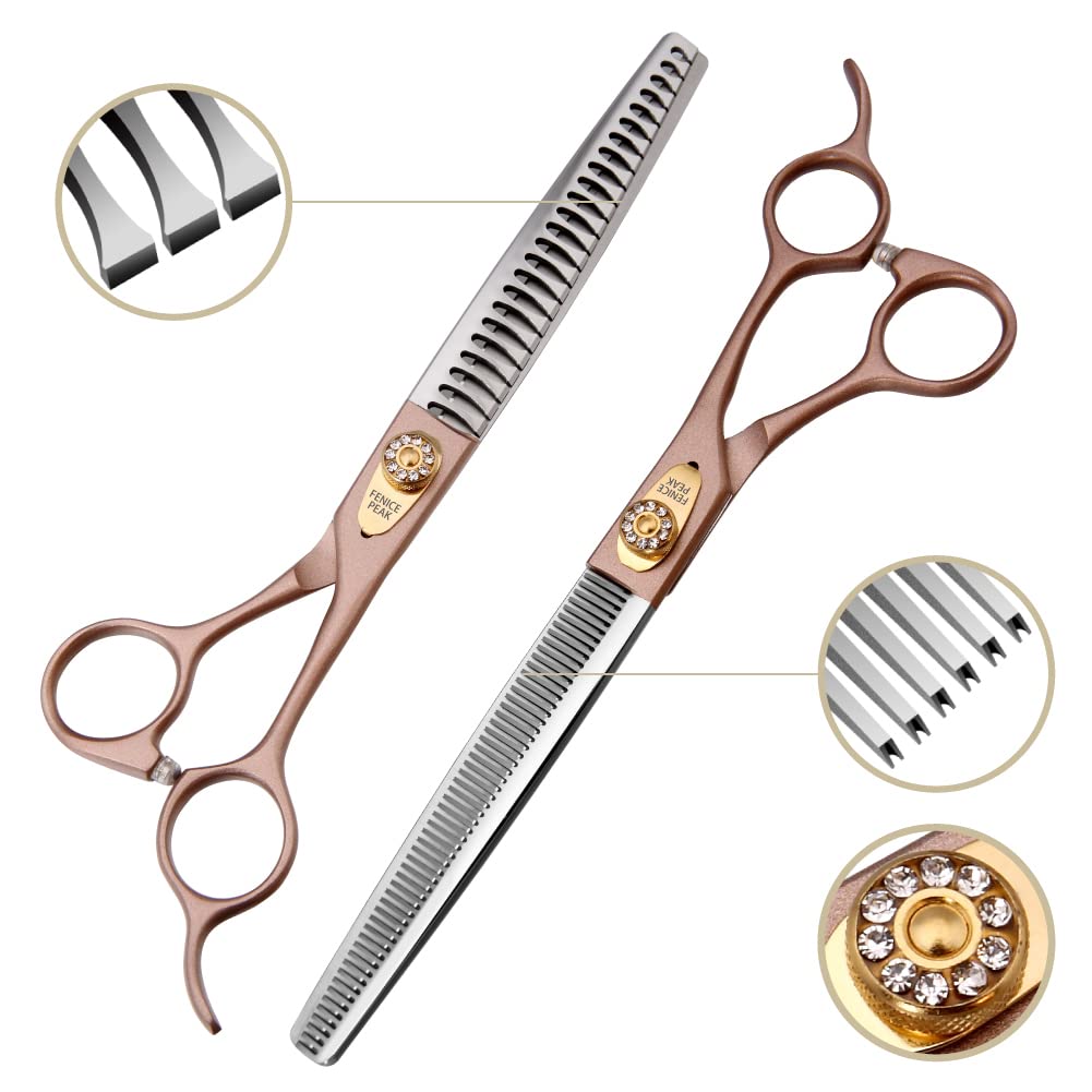 Fenice Peak 7 Professional Dog Grooming Scissors Set Rose Gold 440C Stainless Steel Straight Thinning Curved Chunker Shears 4Pcs