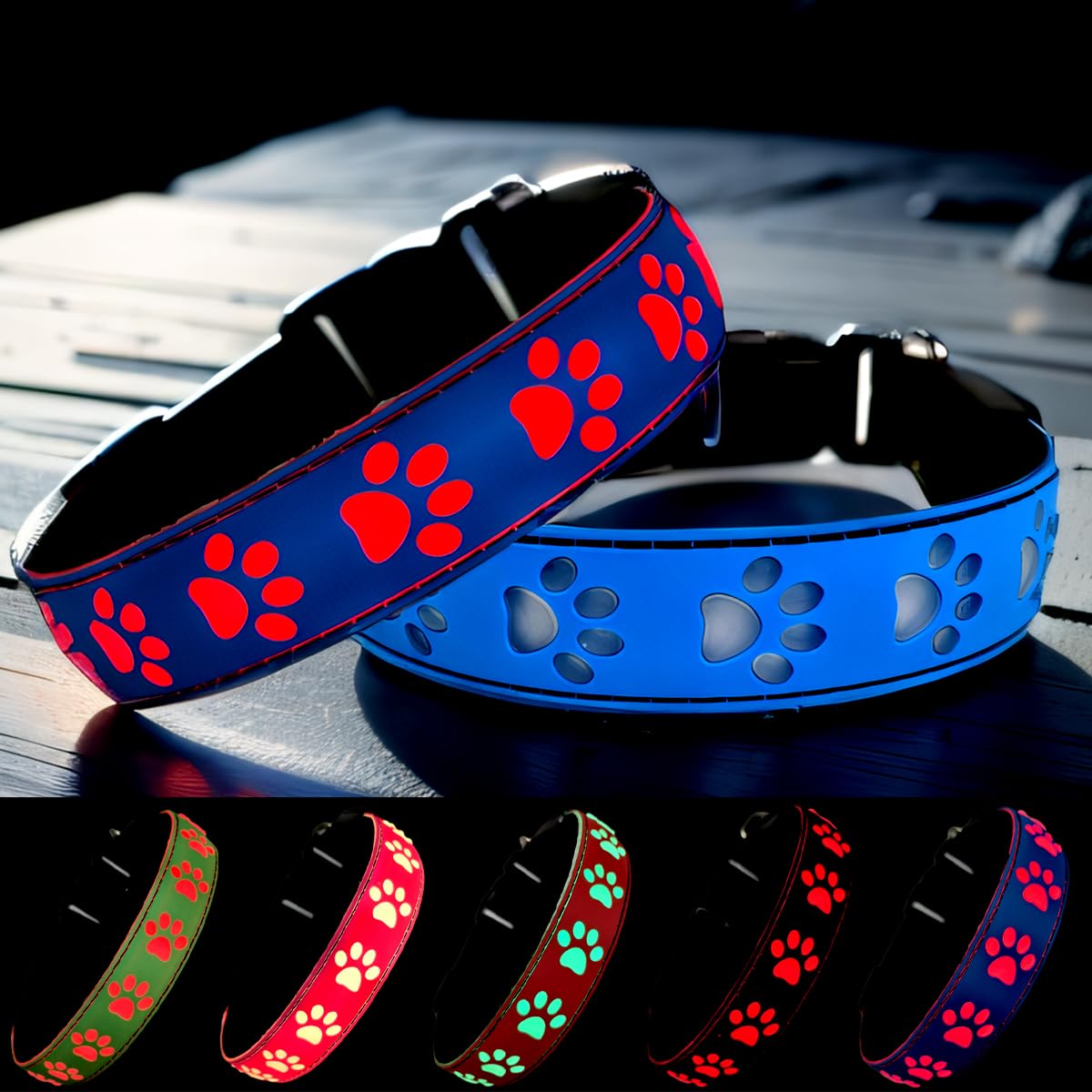 Dogled Led Light Up Dog Collar, Usb-C Rechargeable, Multicolor Paw Print Design, 15 Modes Lighting Night Safety (Blue, S(7.87-11