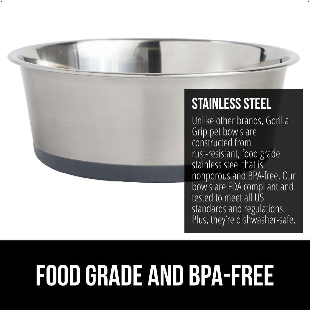 GORILLA GRIP Set of 2 Dog Bowls, Holds 6 Cups (48 fl oz), Heavy Duty Metal Food and Water Bowl for Feeding Dogs and Cats, Dishwa