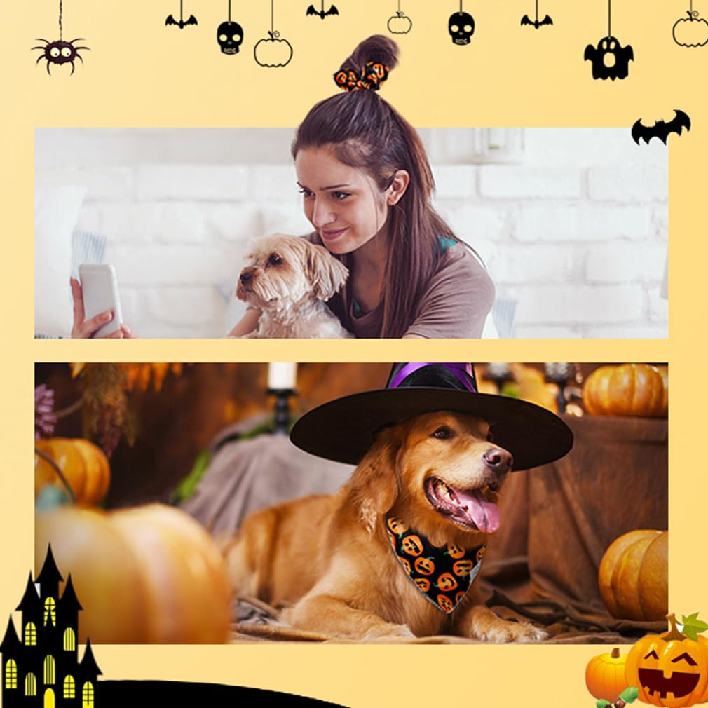 Thanksgiving Dog Bandanas & Matching Scrunchie Set Pumpkin Dog Scarf Kerchiefs Pet Outfit For Medium Large Dogs Owner Mom Orange Black Costumes