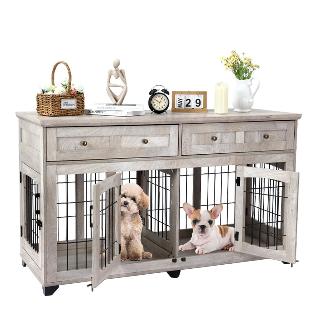 2 Dog Crate Furniture for Large Breeds,Large Dog Kennel Furniture TV Stand,58 Wooden Dog Kennel End Table with Drawers,Double Do