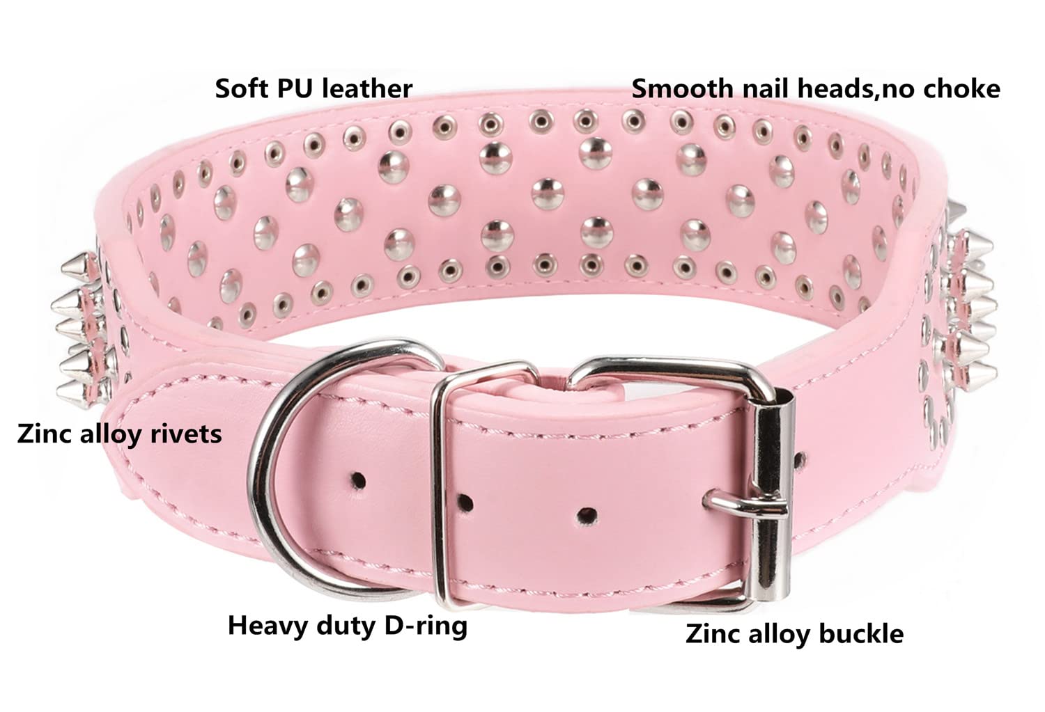 Btdcfy Hoot Pu Leather Adjustable Spiked Studded Dog Collar 2 Wide 37 Spikes (M(Neck 19-22), Pink)