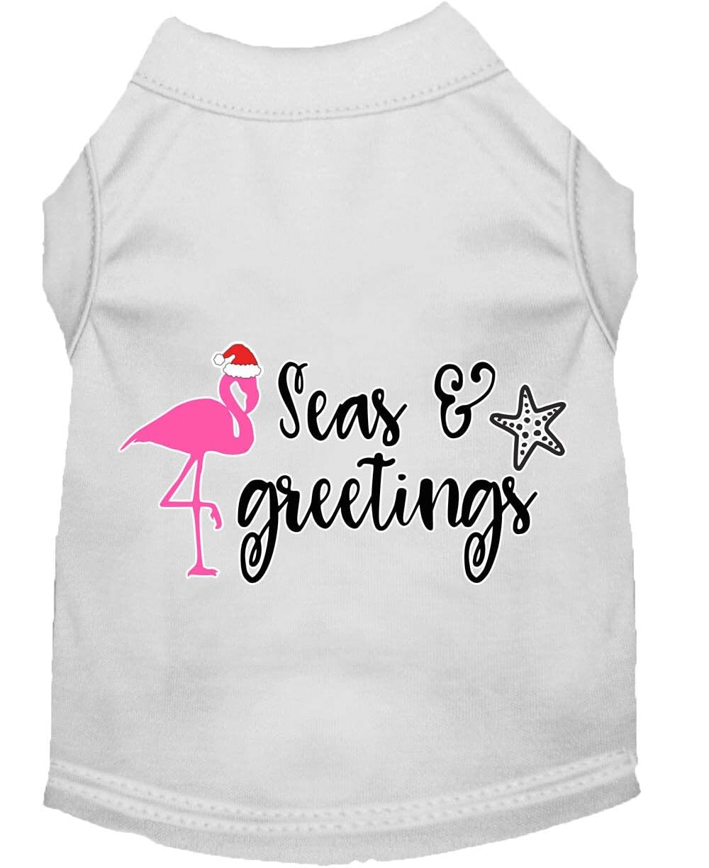Christmas Pet Dog & Cat Shirt Screen Printed, &quot;Seas and Greetings&quot; Bright Pink SM (3-6 lbs.)