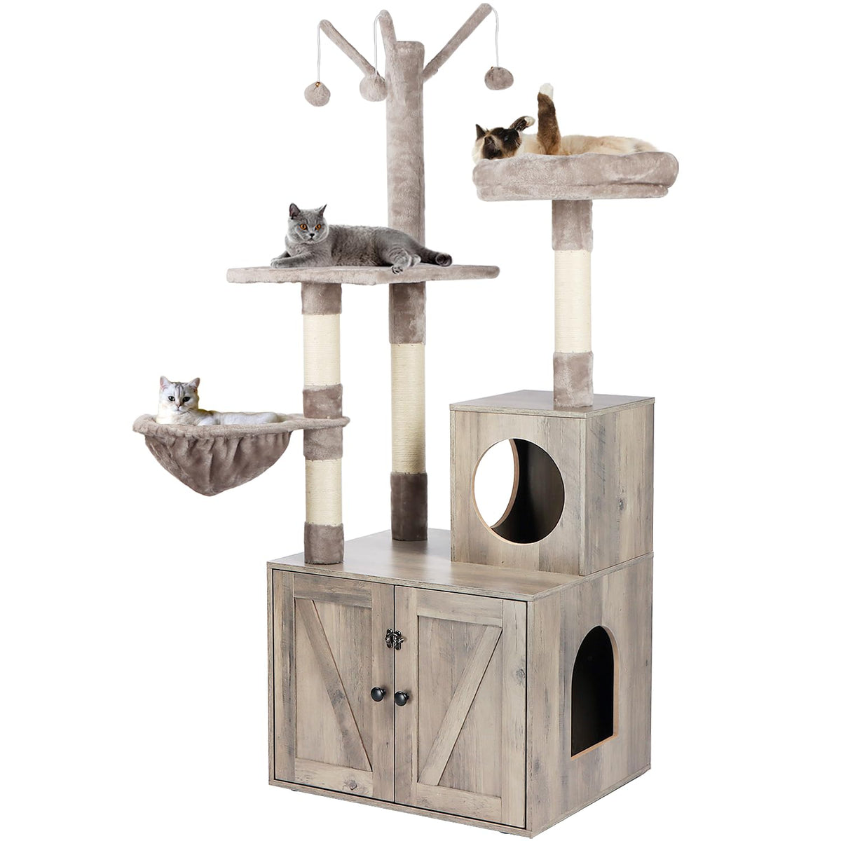 Timberer Litter Box Enclosure With Cat Tree, 2-In-1 Cat Tree Tower, Hidden Cat Litter Box Furniture With Scratching Post, Modern