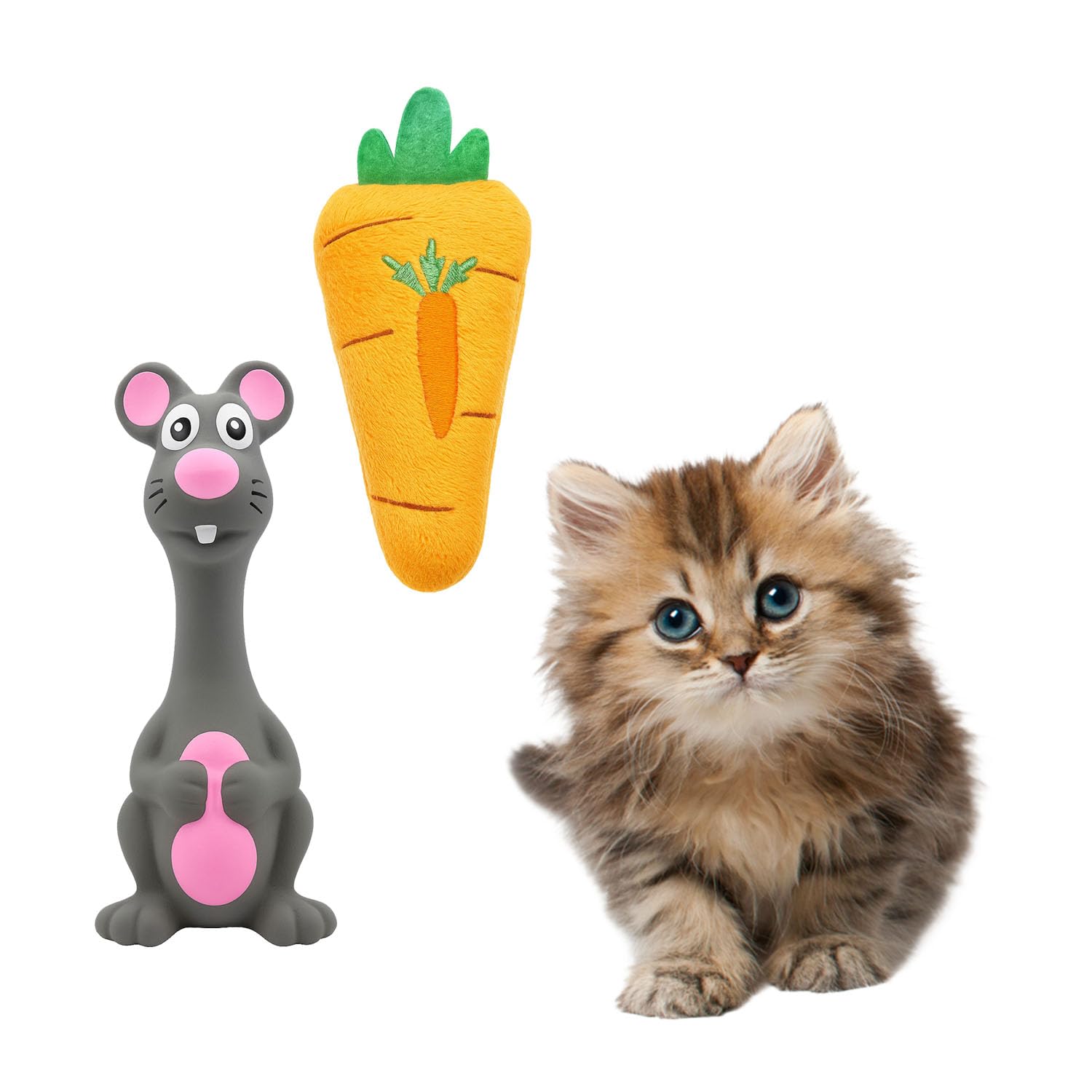 Pawbabas 2In1 Cat Toy Combo Pack | Soft Plush Carrot Toy + Squeaky Mouse Toy For Cats | Fun Chew, Chase & Play Set For Kittens