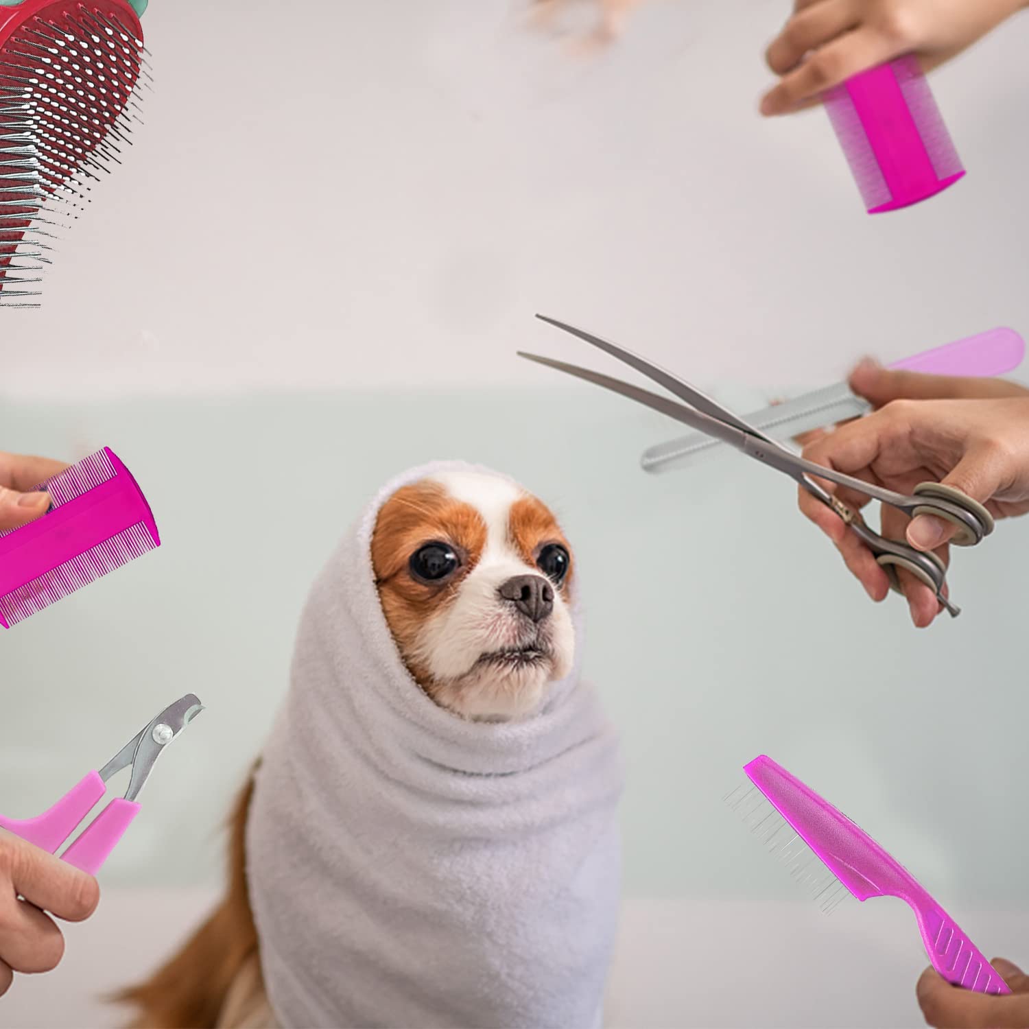 WOOPSOO 7-Piece Small Pet Grooming Kit - Pink Brush, Nail Clippers, Hair Remover & Shampoo Brush for Rabbits & Hamsters