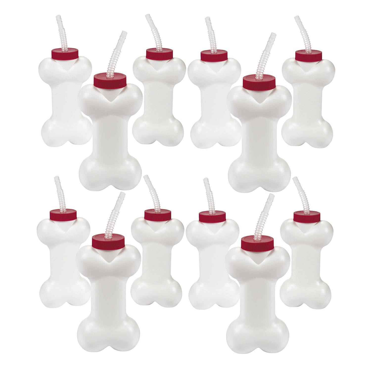 Fun Express 12 Count Dog Bone Cups With 7.5 Inch Straws - 14 Oz Bone-Shaped Cups - Puppy Dog Birthday Party Supplies And Favors