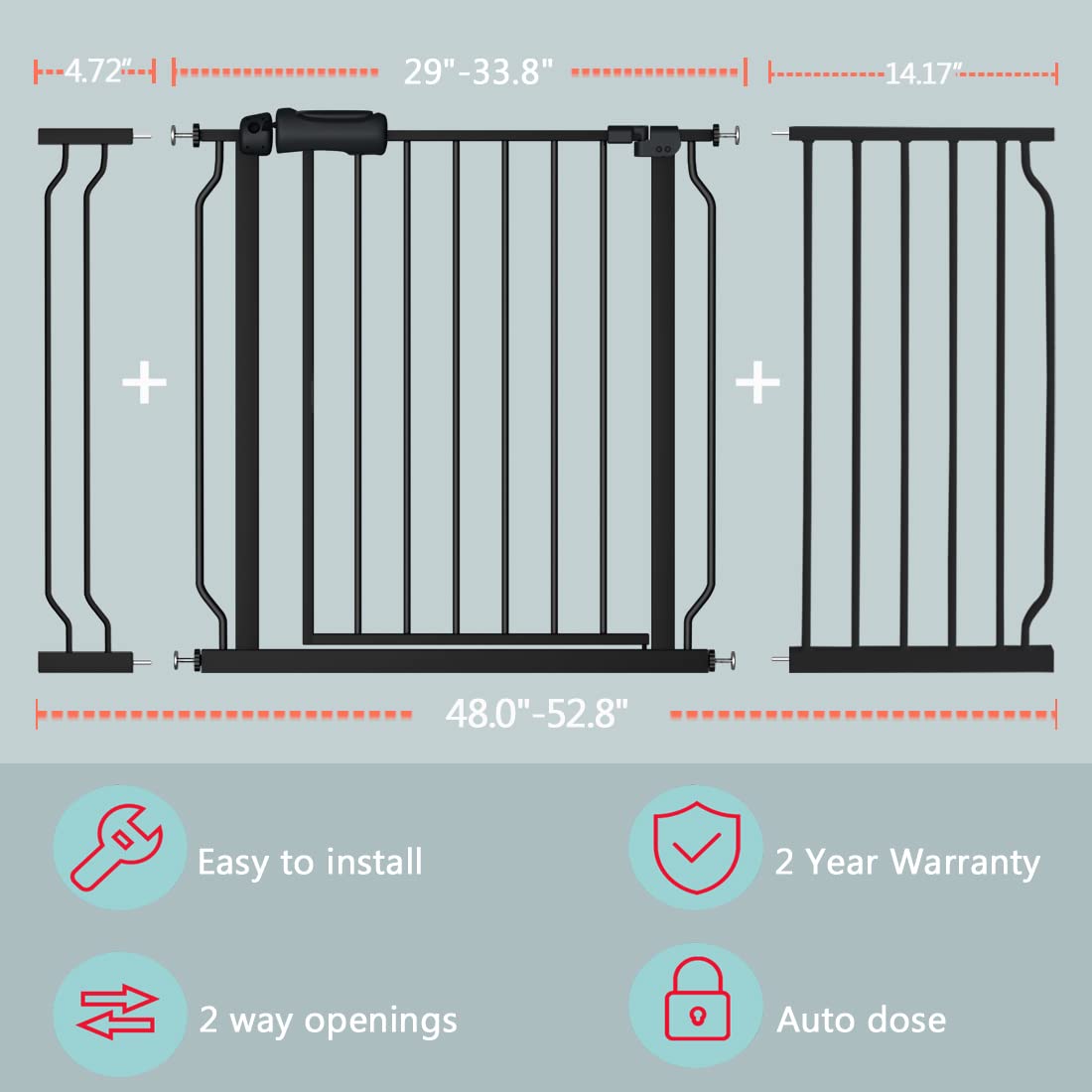 Extra Wide Baby Gate Black 48-53 Inch Wide, Walk Through Pressure Mounted No Drill, Long And Large Tension Gate For Pet And Kids