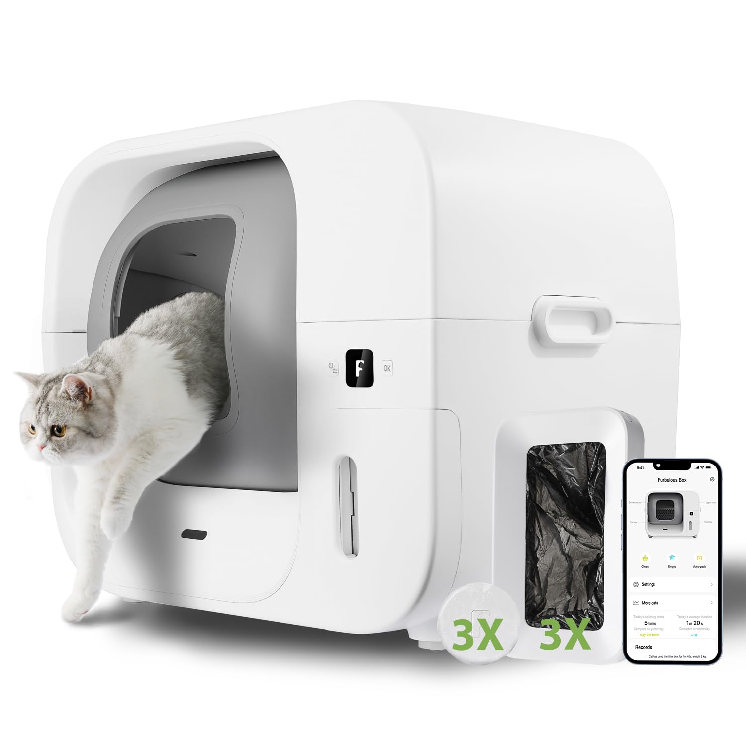 Furbulous True Odor-Free Automatic Self-Cleaning Cat Litter Box, Extra Large For 3-22 Lbs Cats, Smart App Control, Self-Pack & R
