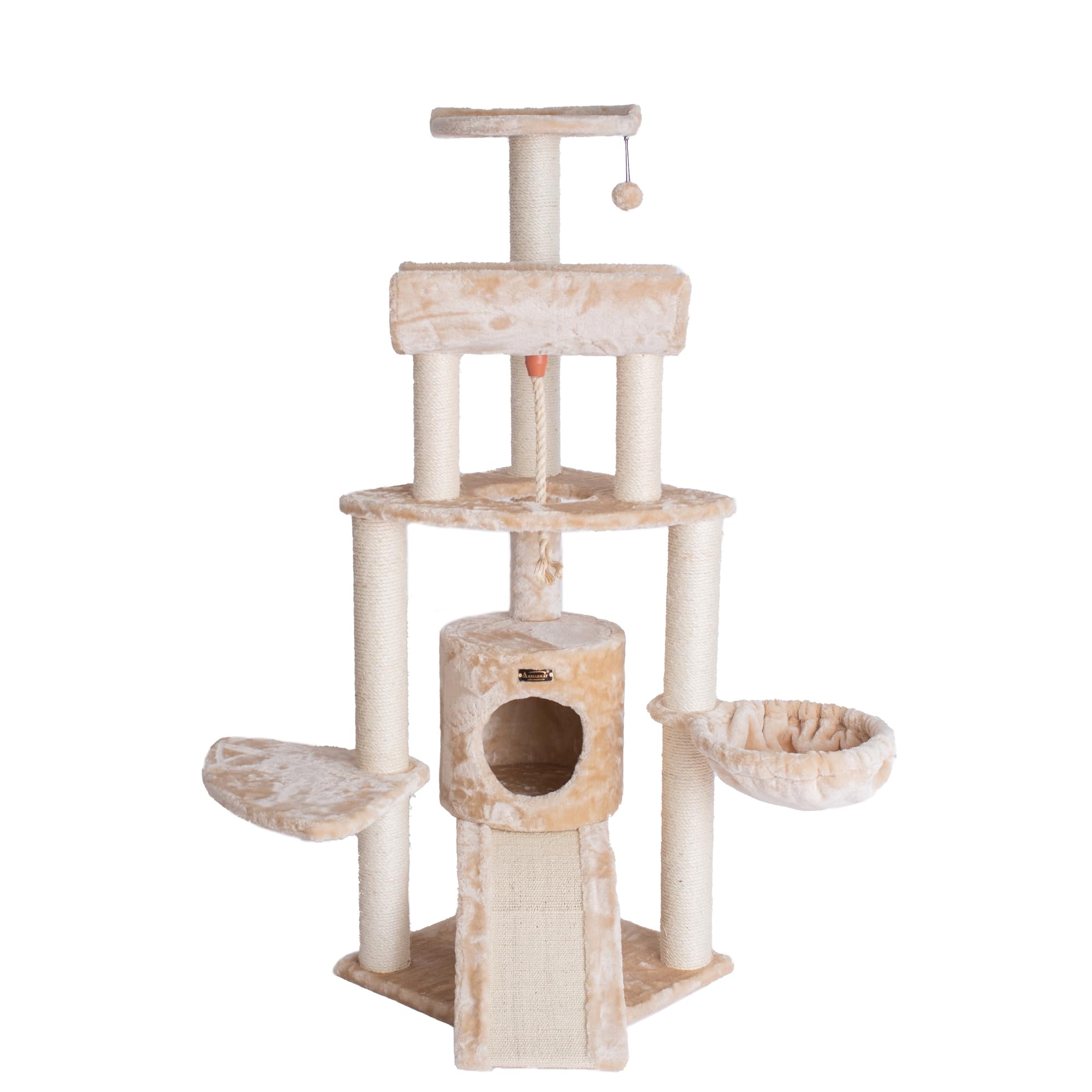 Armarkat Spacious Thick Fur Cat Tower Real Wood Furniture with Basket Lounge, Ramp, Beige A5806