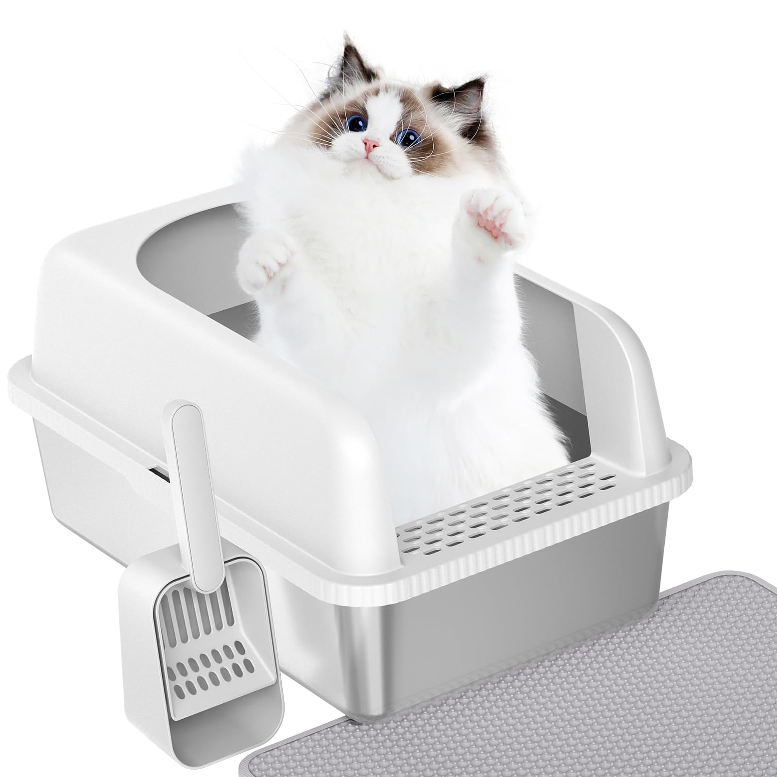Prodigen Stainless Steel Cat Litter Box with Lid High Wall Sides Enclosure, Non-Sticky, Anti-Leakage, Easy Cleaning, with Cat Ma