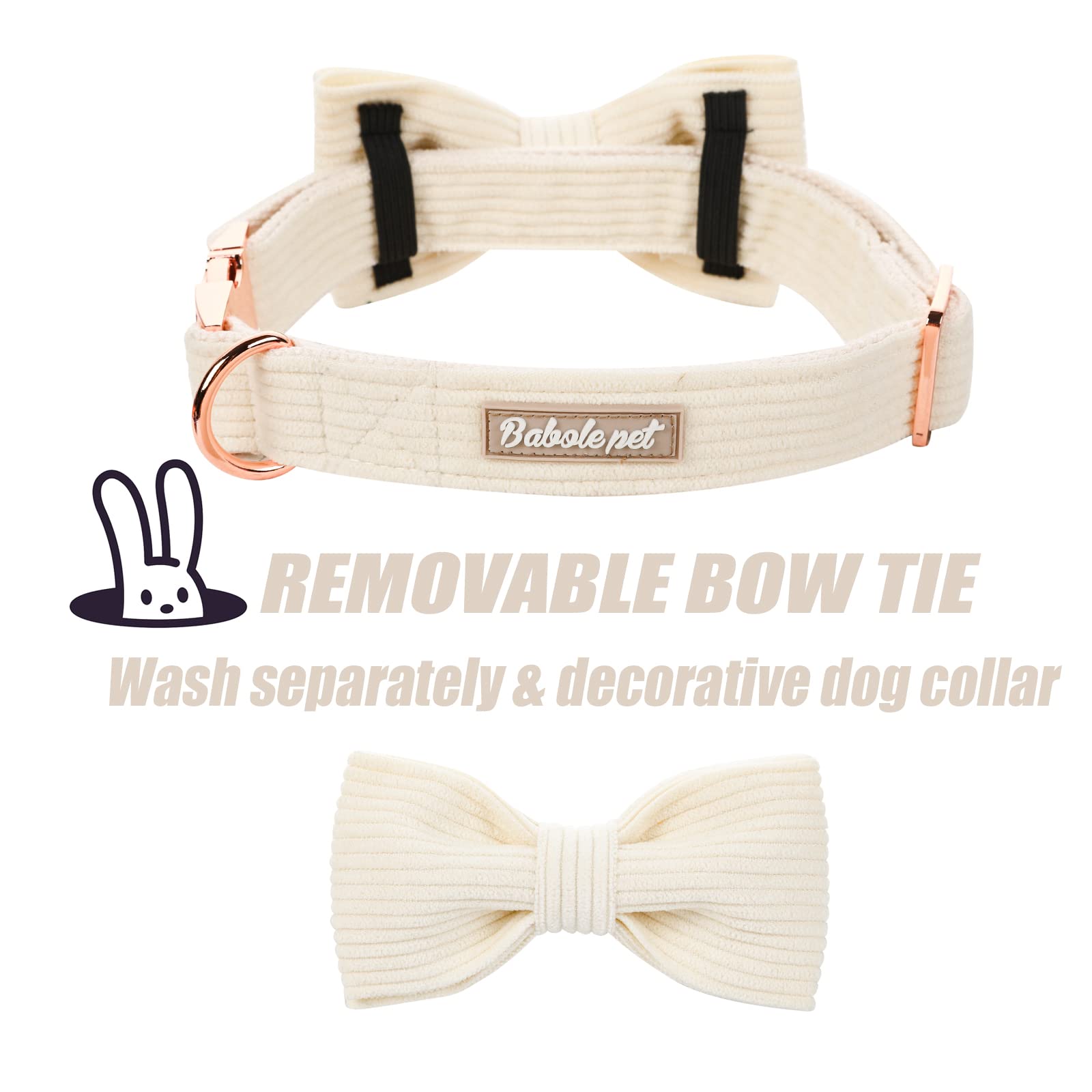 Babole Pet White Dog Collars for Small Dog,Cute Corduroy Dog Collar with Bow Tie Safety Metal Buckle Adjustable Puppy Collars fo