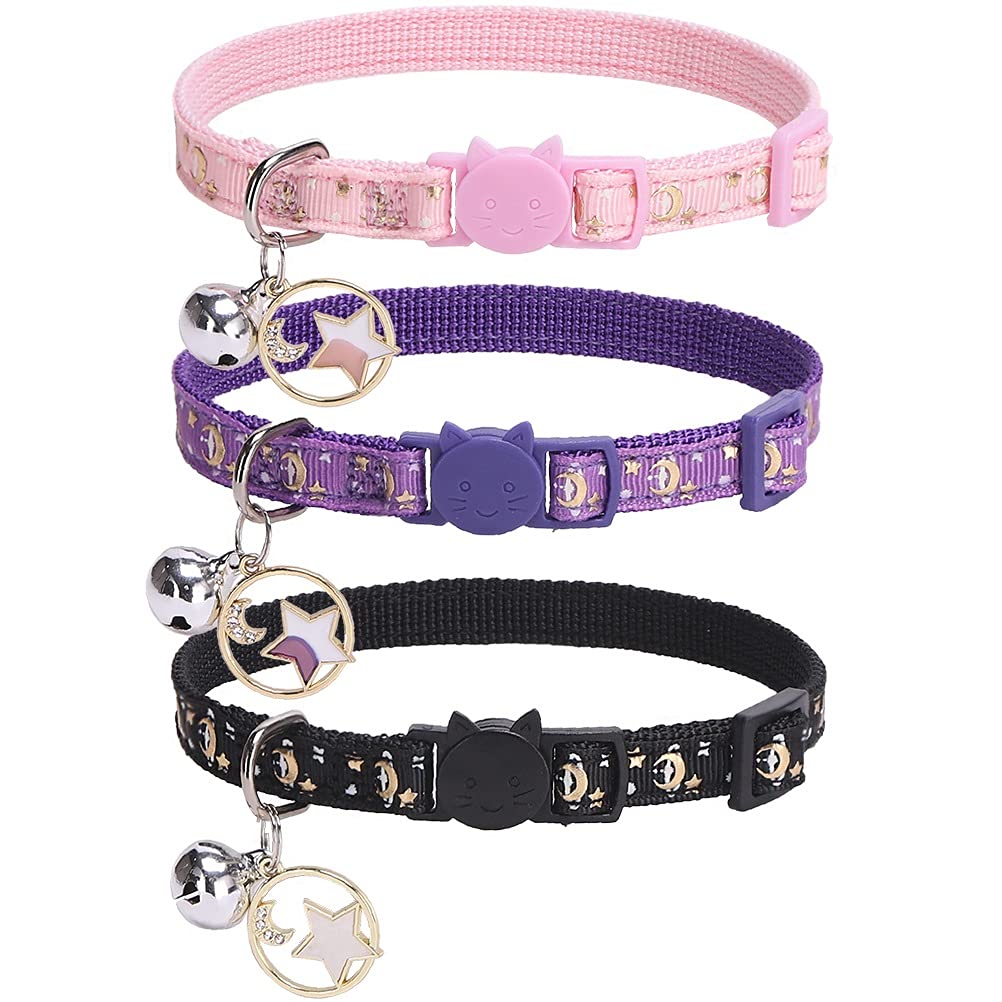 Pupteck 3 Pack Cat Collar With Bells Breakaway - Luminous Safety Small Kitten Collar Adjustable Moon Star Pink Black Purple, 8-1