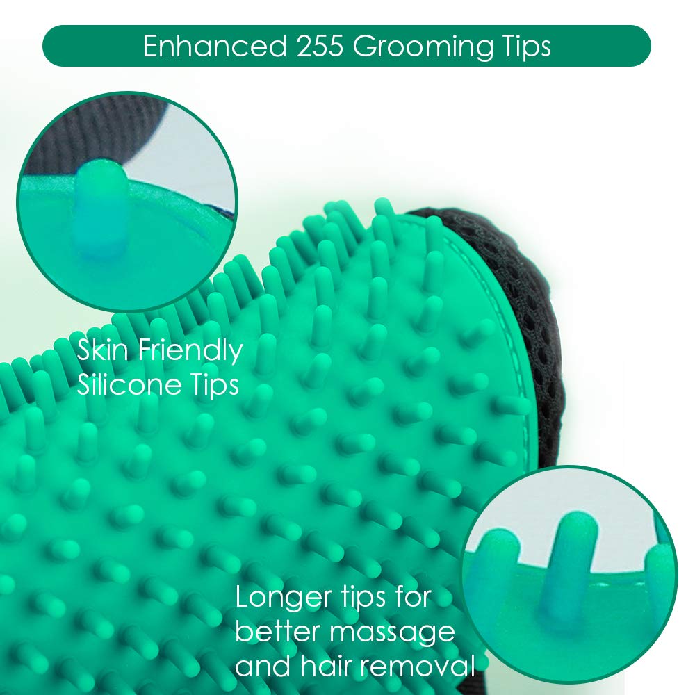 Pet Hair Remover Gloves, Enhance Pet Grooming Glove With 255 Tips, Deshedding Glove For Dog And Cat, 1 Pair Left & Right Gentle De-Shedding Glove Brush, Green