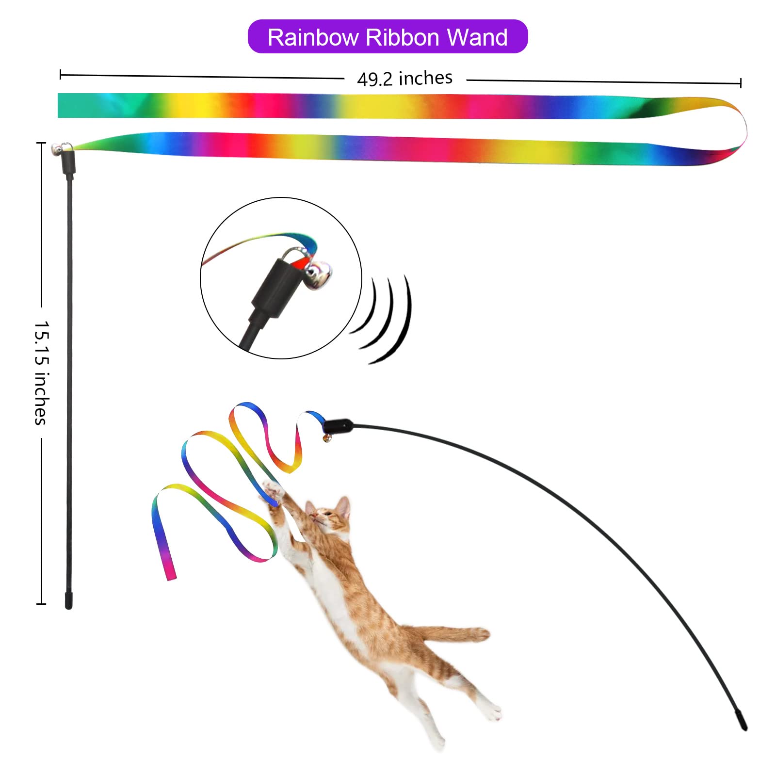 Atosun Cat Toys, 2Pcs Retractable Cat Feather Toys, 10Pcs Replacement Teaser Refill, 1Pc Rainbow Ribbon Wand Interactive Kitten Toys For Indoor Cat Make Exercise