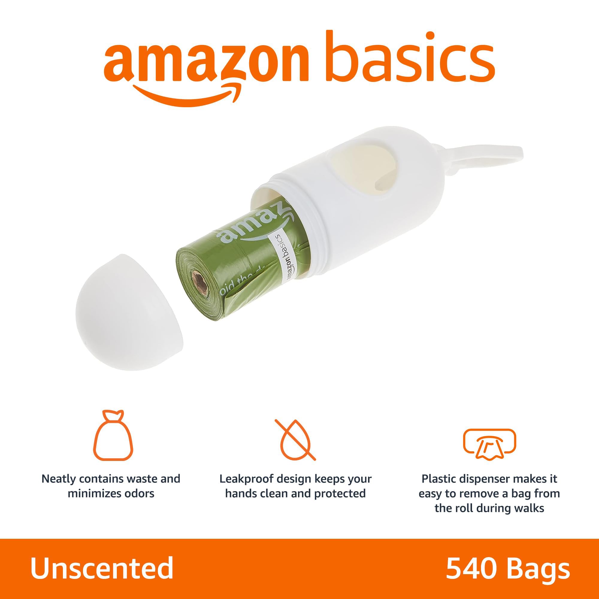 Amazon Basics Dog Poop Bags With Dispenser, 540 Count, Enhanced For Guaranteed Leakproof, Unscented, Includes Leash Clip